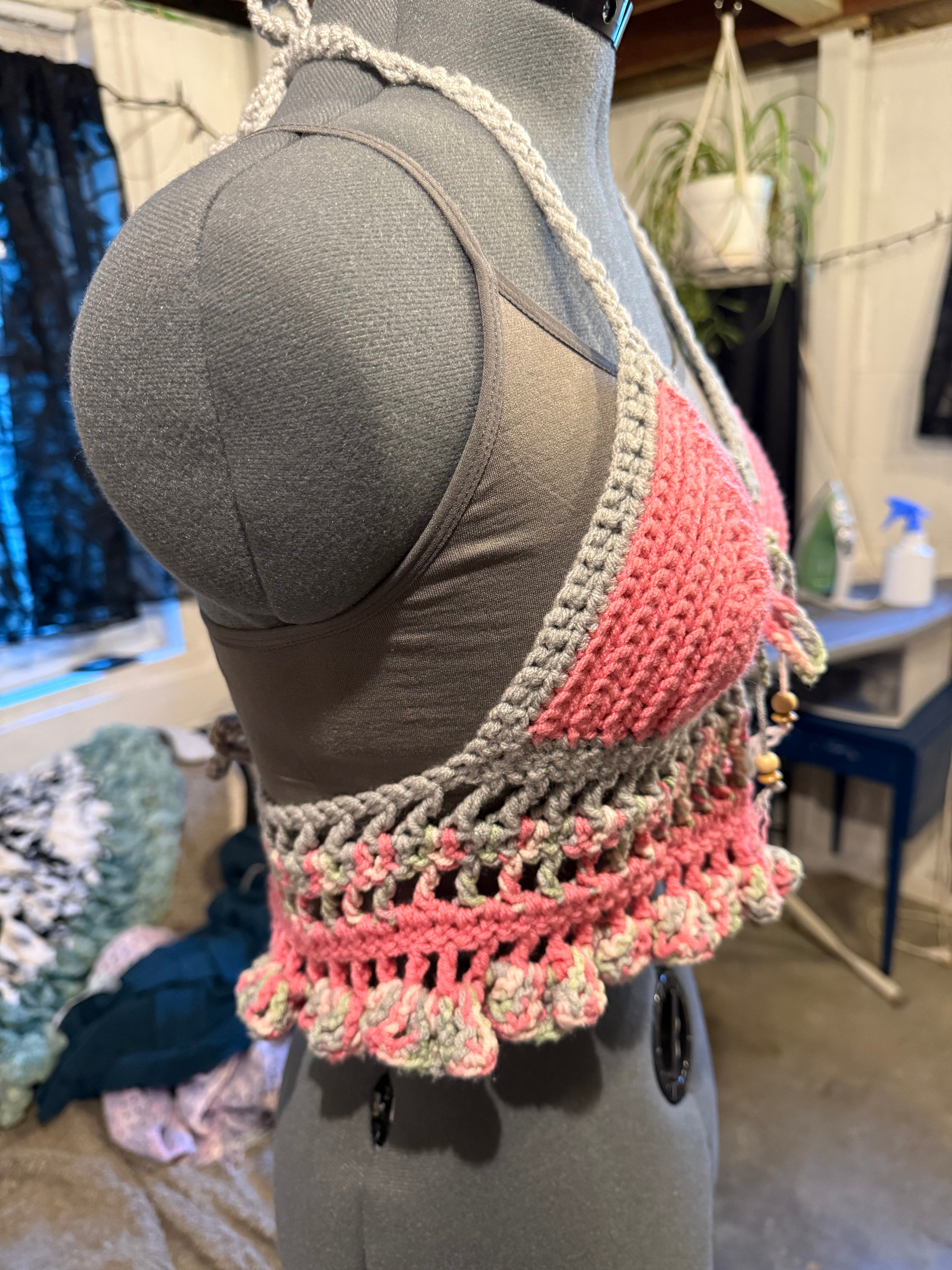 pink & gray halter top with beads