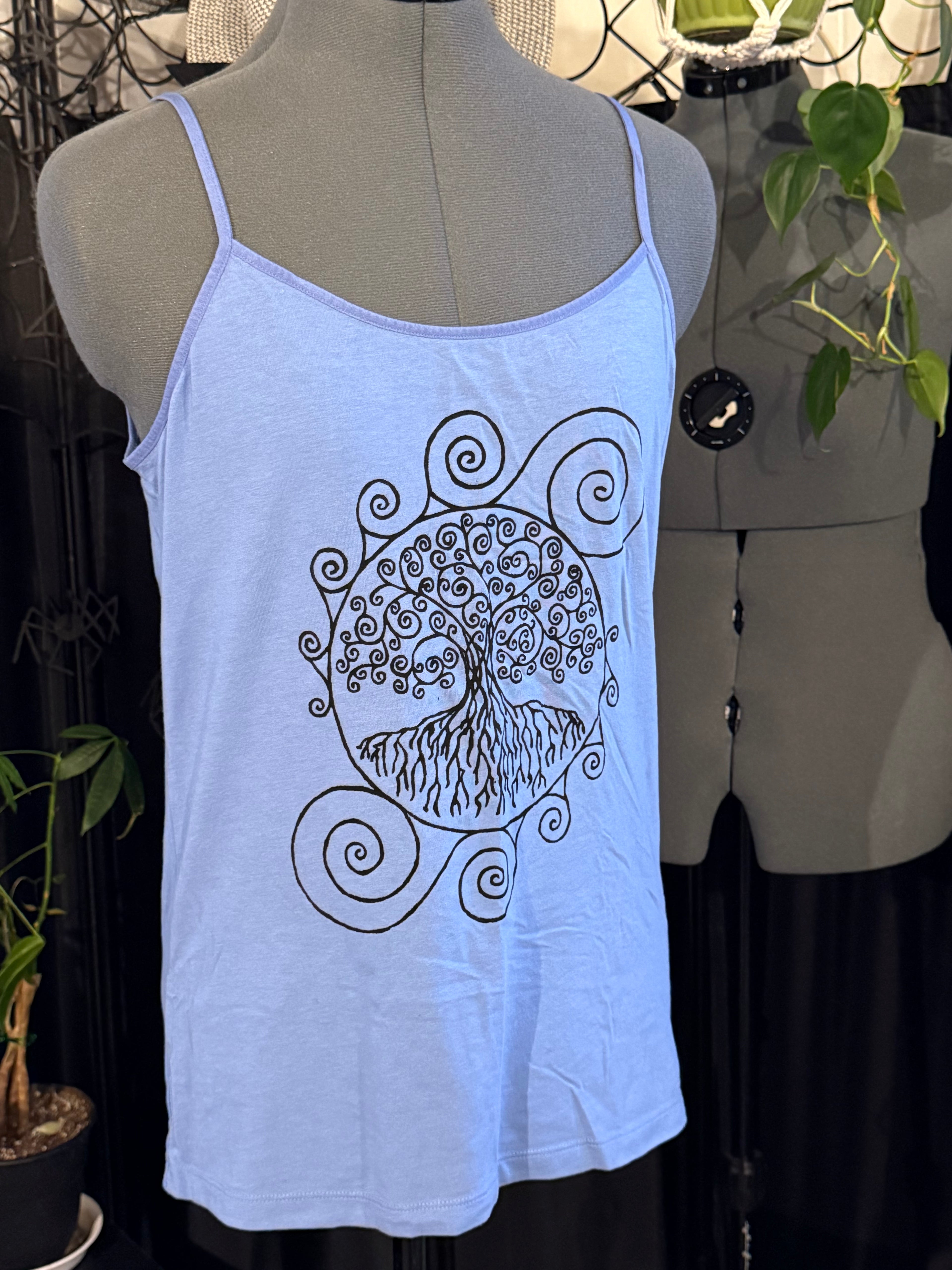 smokey blue tank with black world's tree