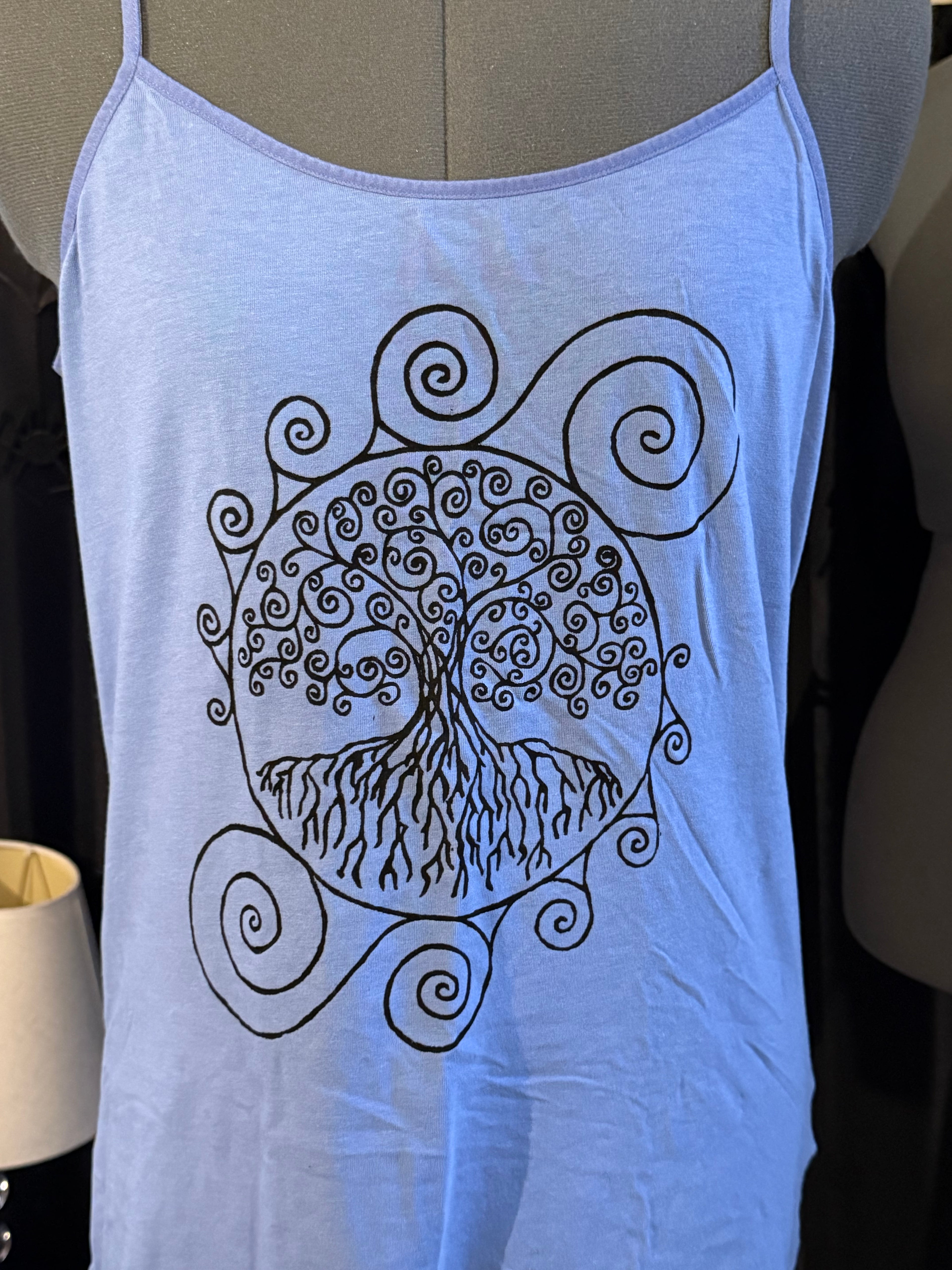 smokey blue tank with black world's tree