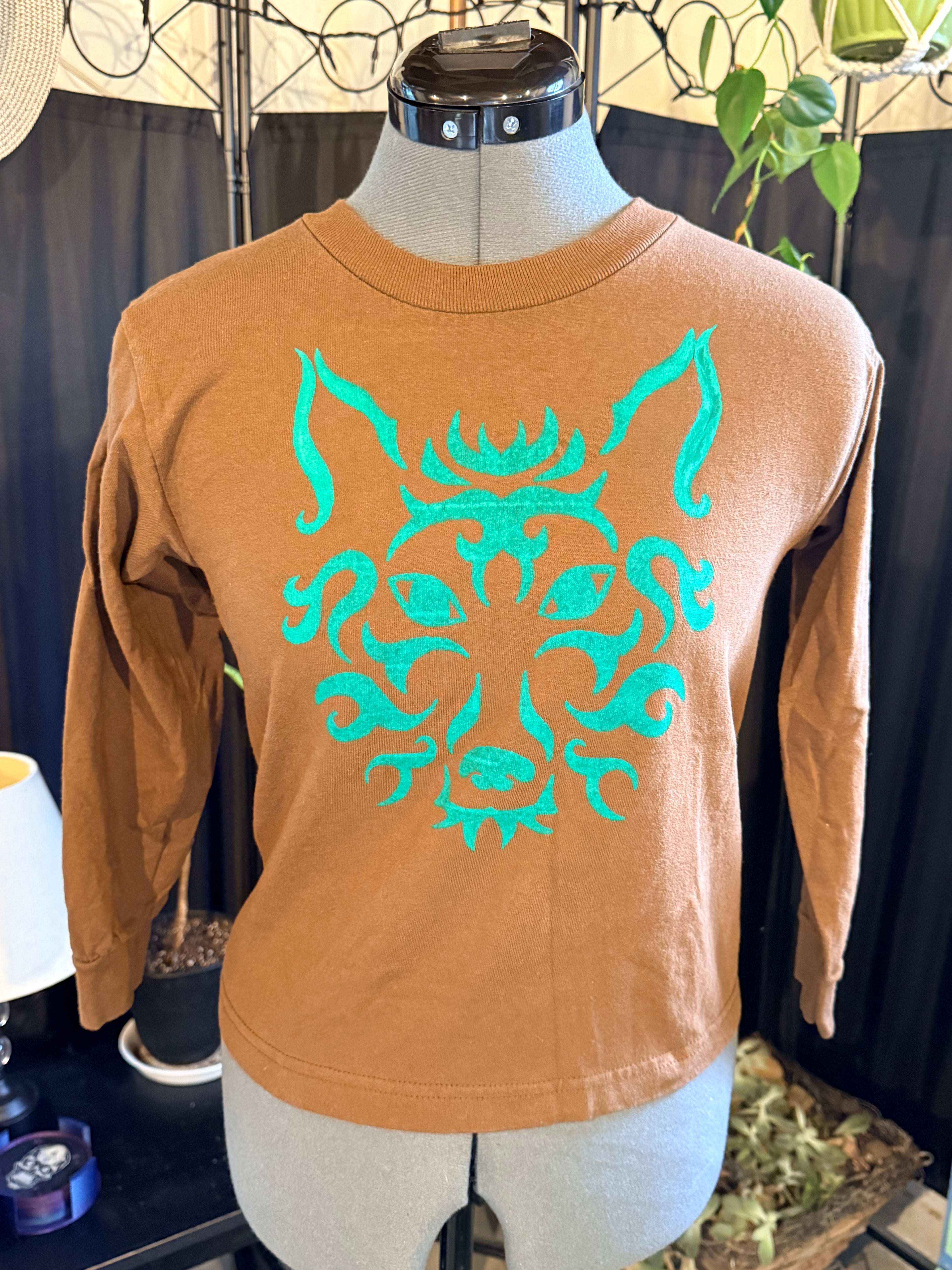 kids brown long sleeve shirt with wolf print