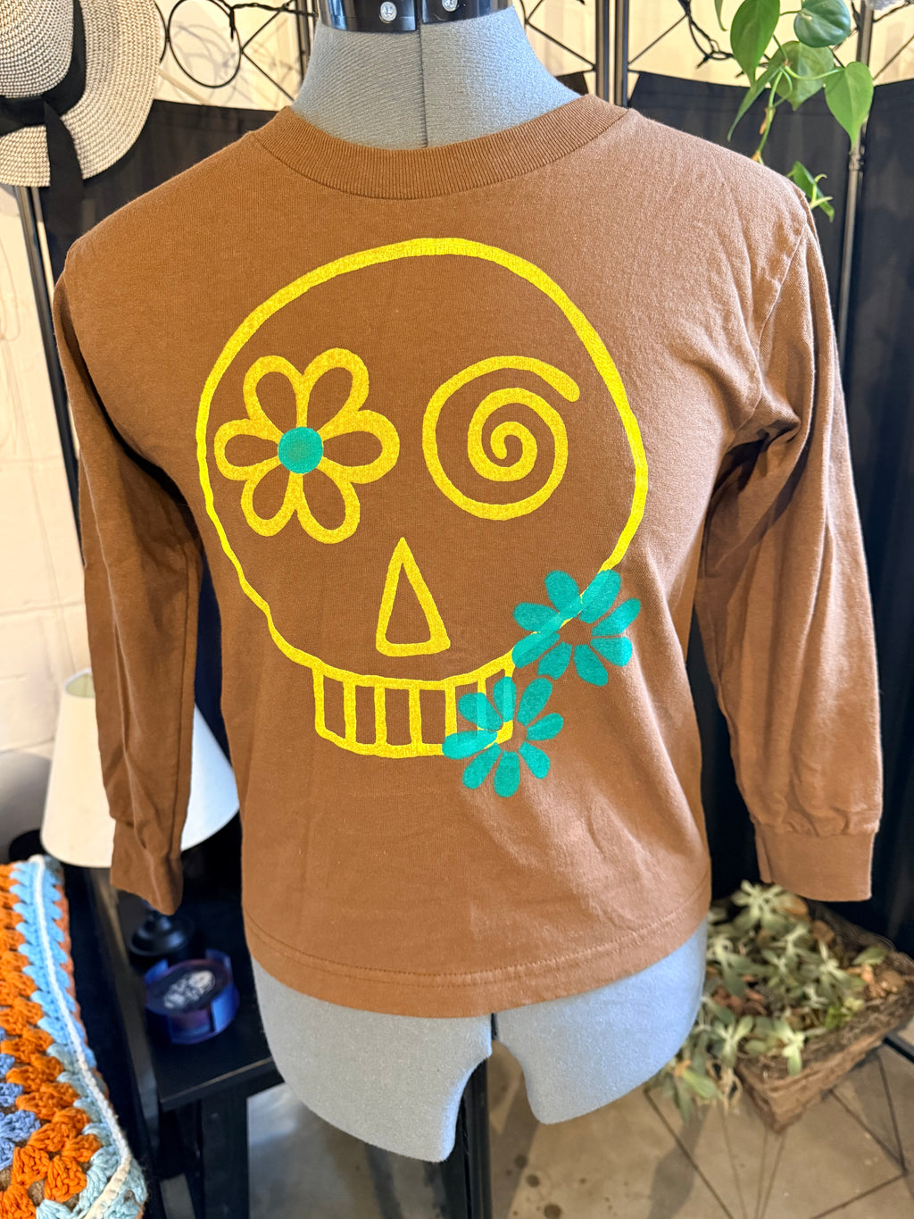 kids long sleeve brown shirt with skull/flowers design