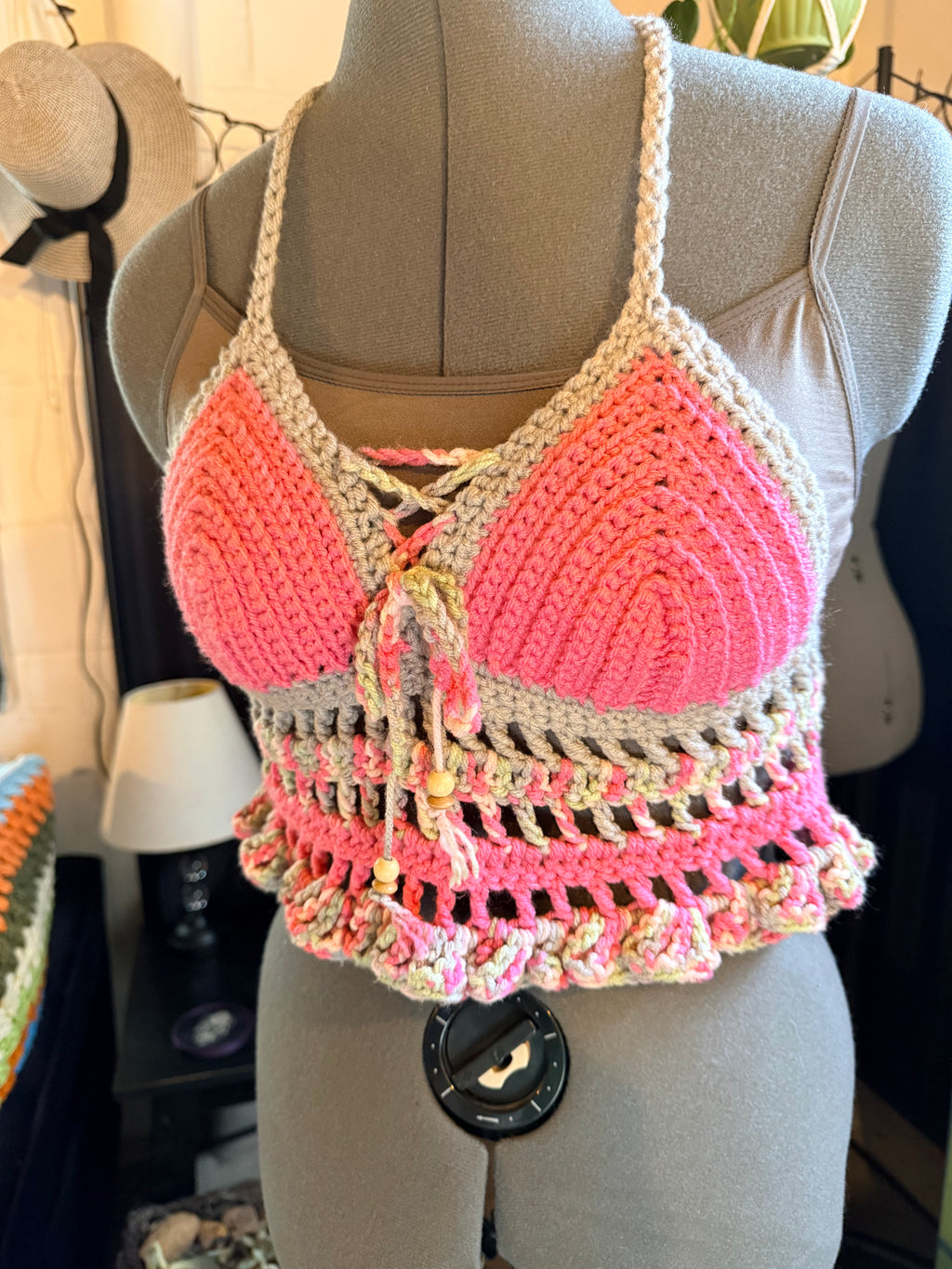 pink & gray halter top with beads
