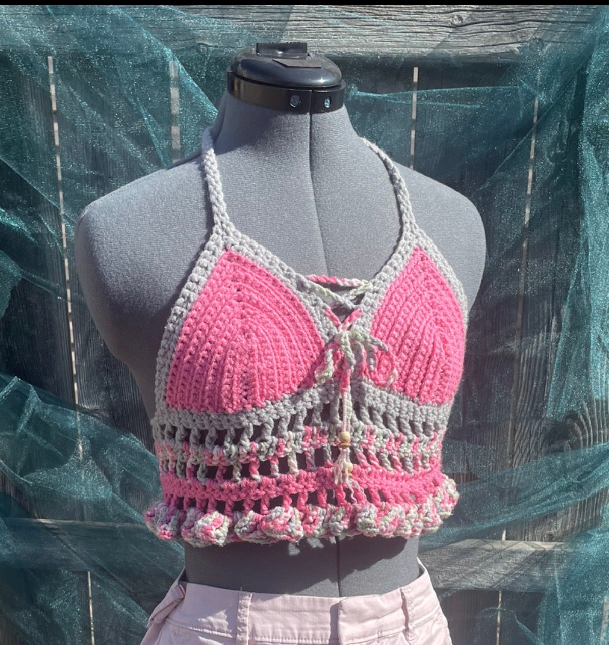 pink & gray halter top with beads