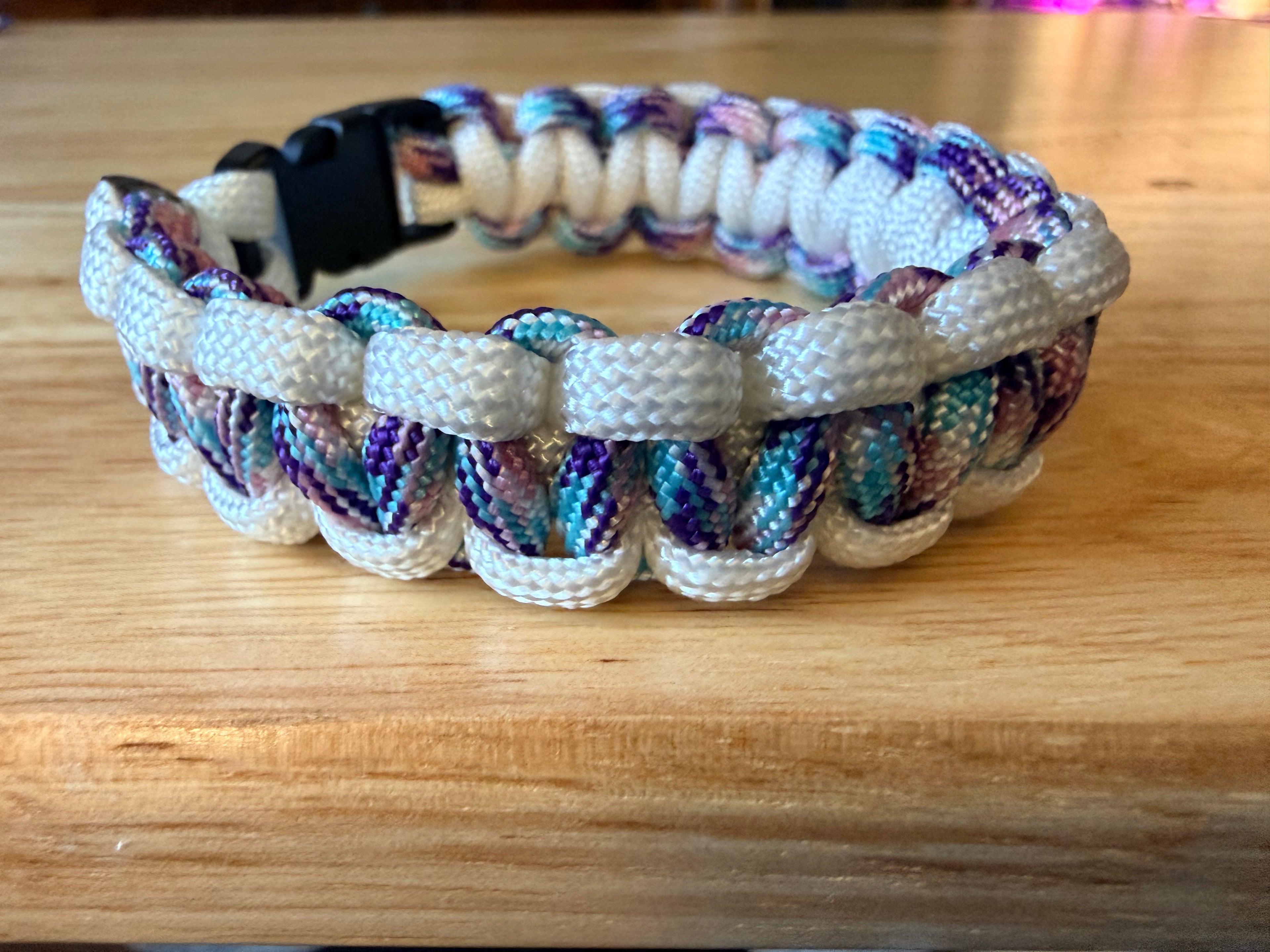 White & purple/pink/blue paracord bracelet 7.5 inch