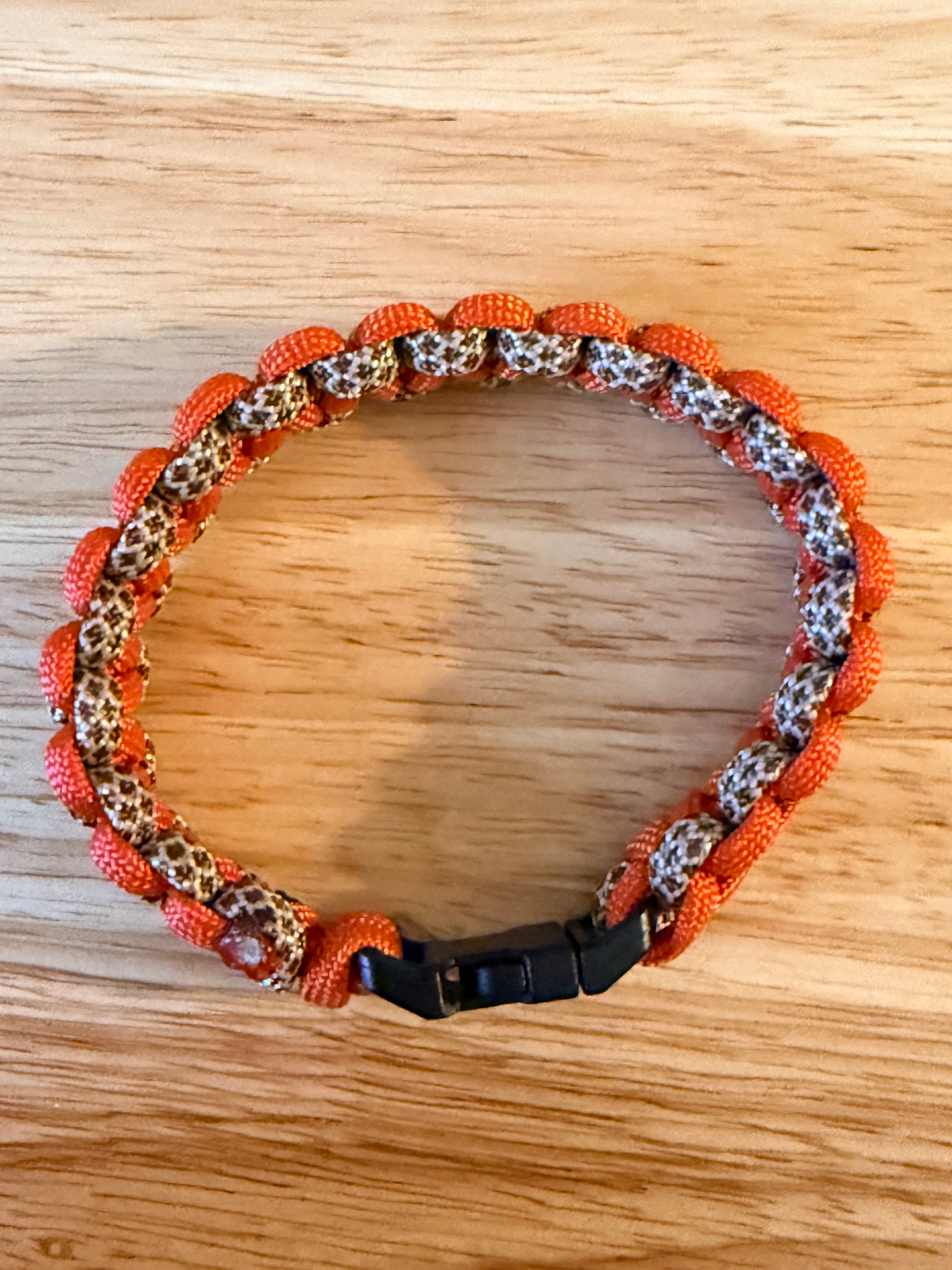 orange and brown paracord bracelet