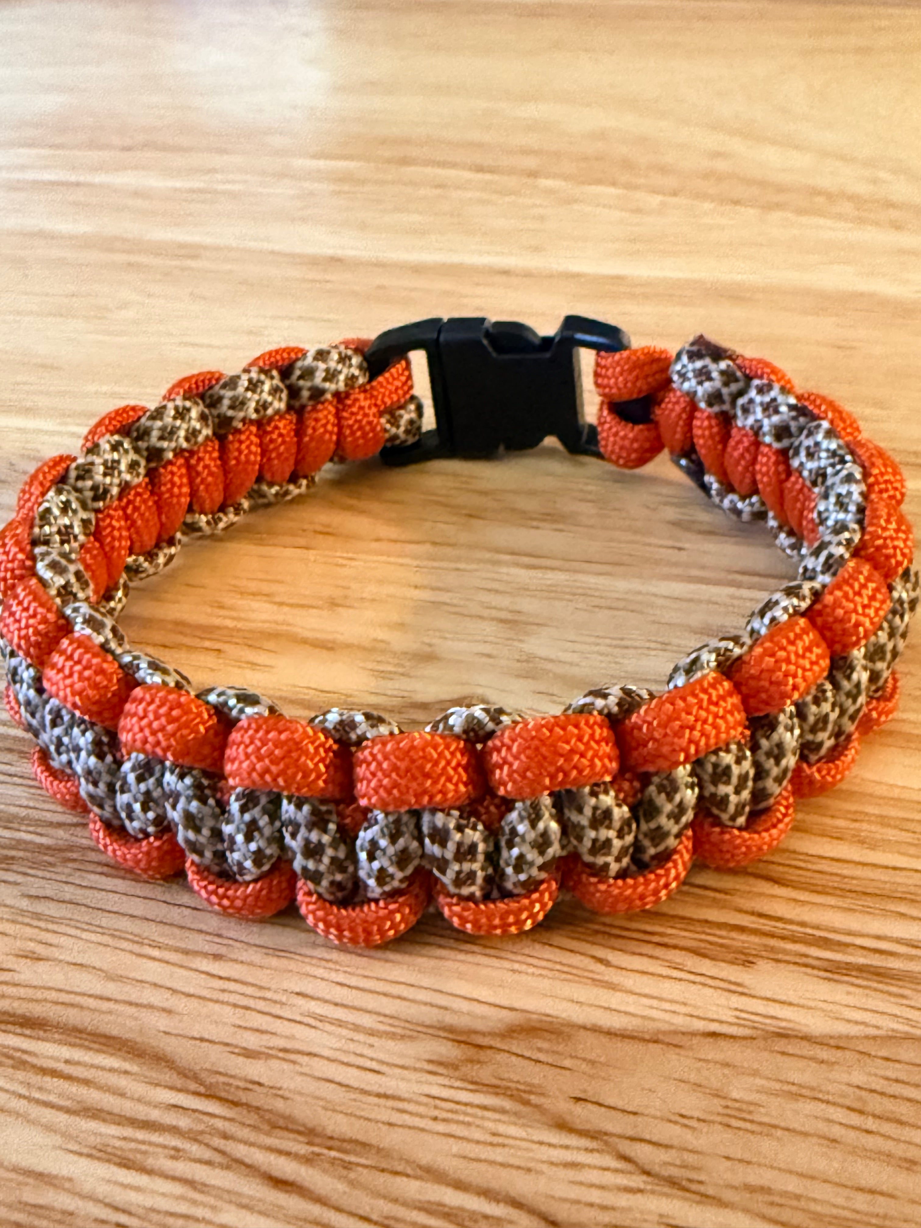 orange and brown paracord bracelet