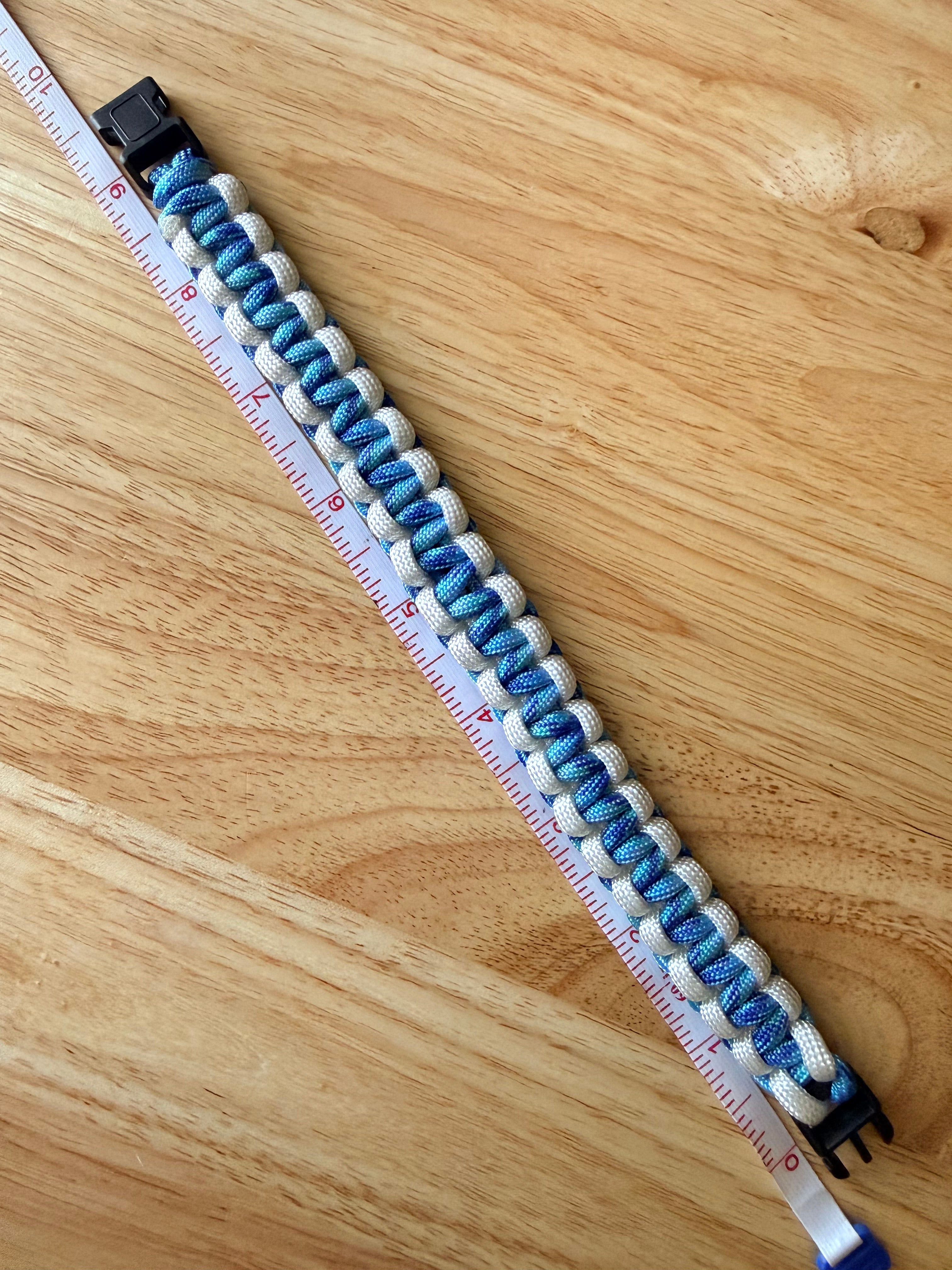 white & light blue/purple paracord bracelet 9.5 inches