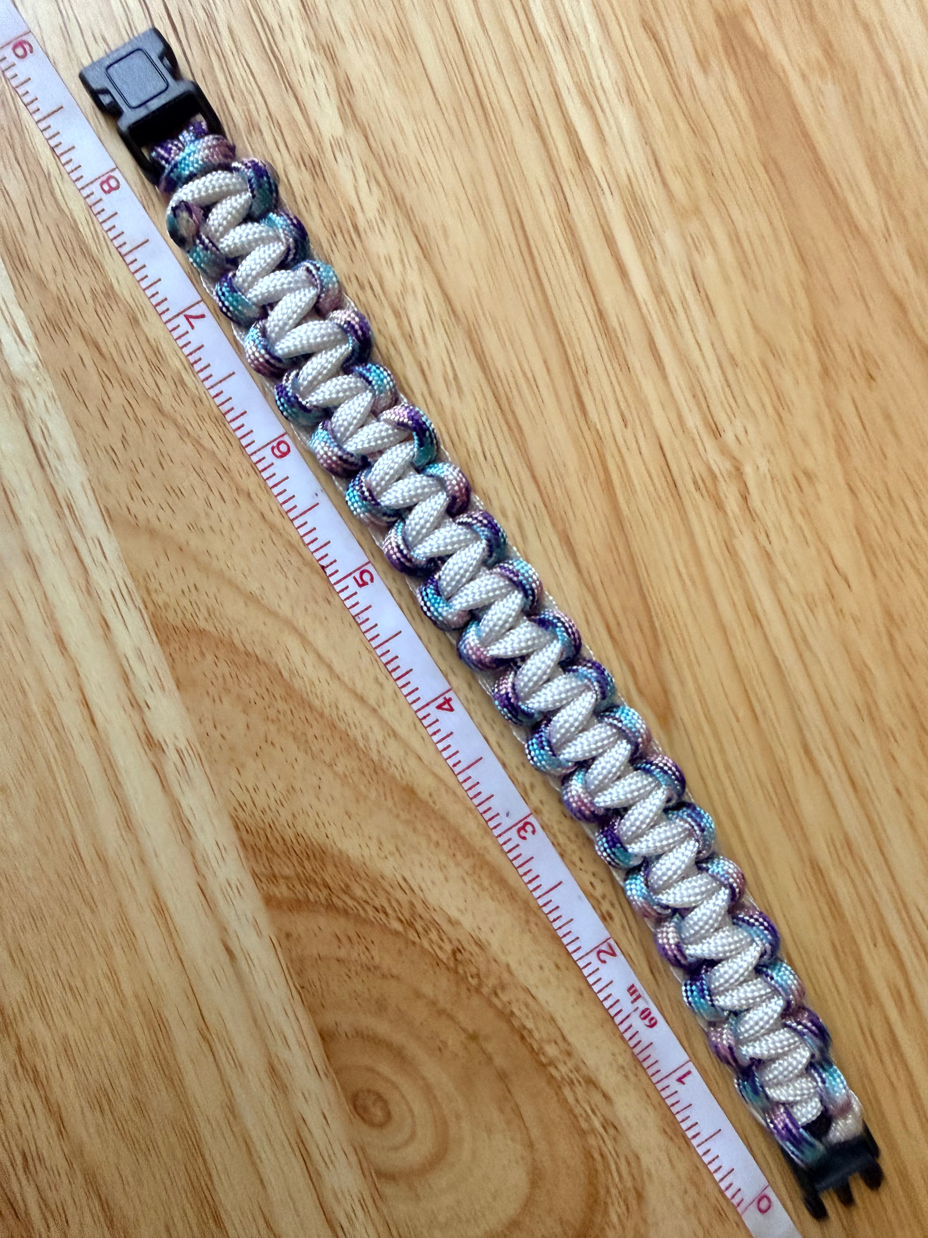 light blue, white, pink, purple & white paracord bracelet 8.5 inches