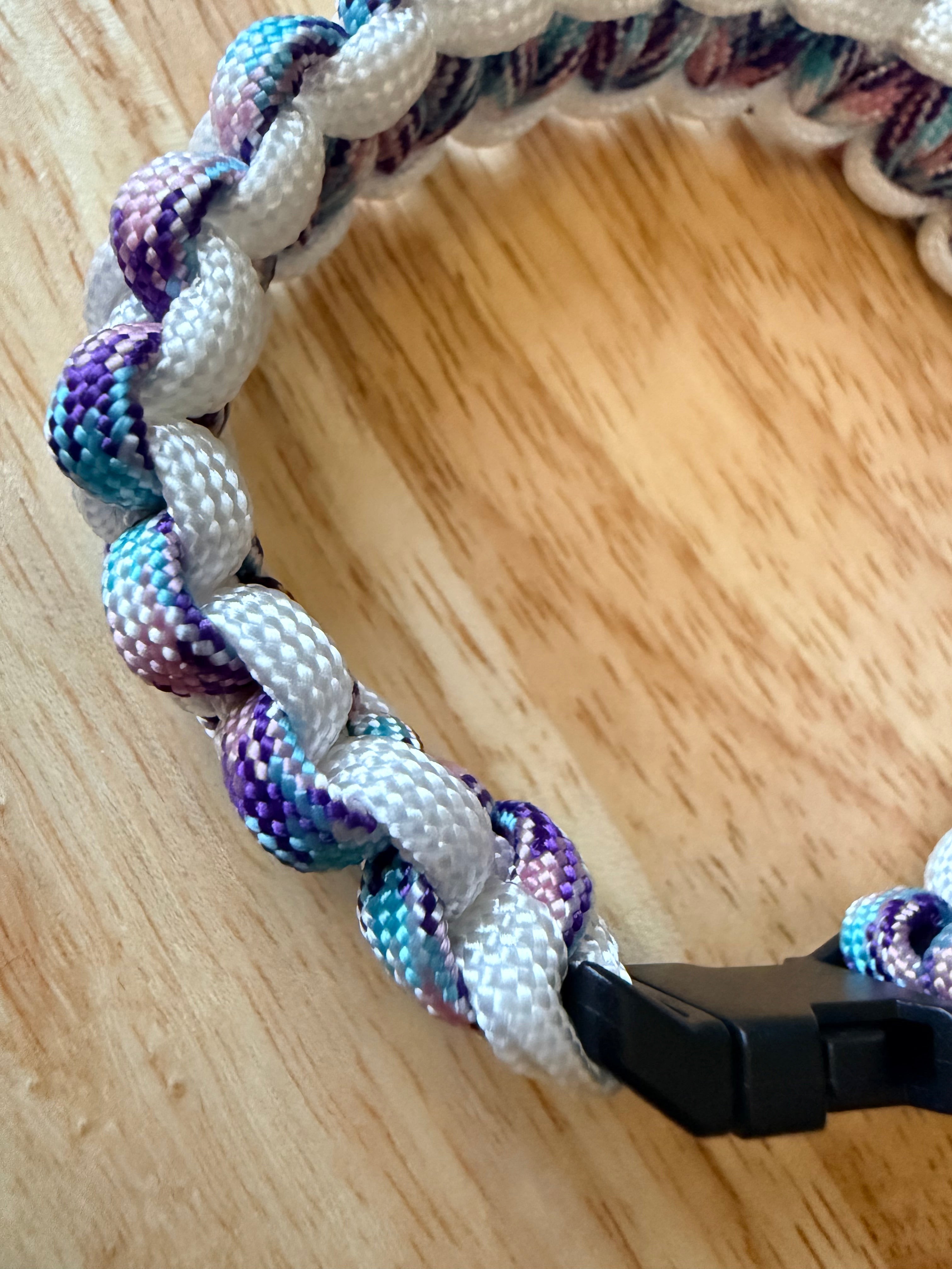 light blue, white, pink, purple & white paracord bracelet 8.5 inches