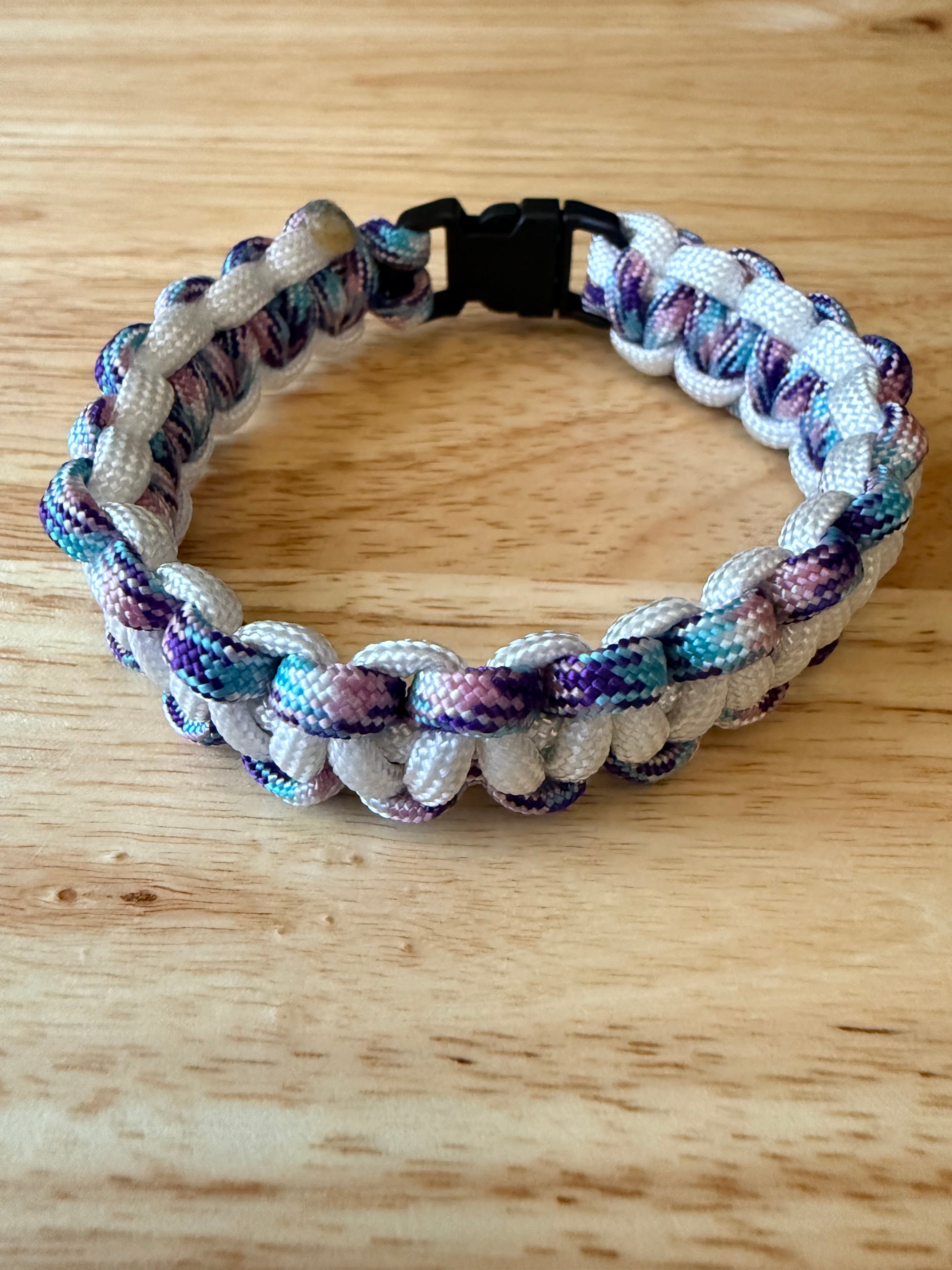 light blue, white, pink, purple & white paracord bracelet 8.5 inches