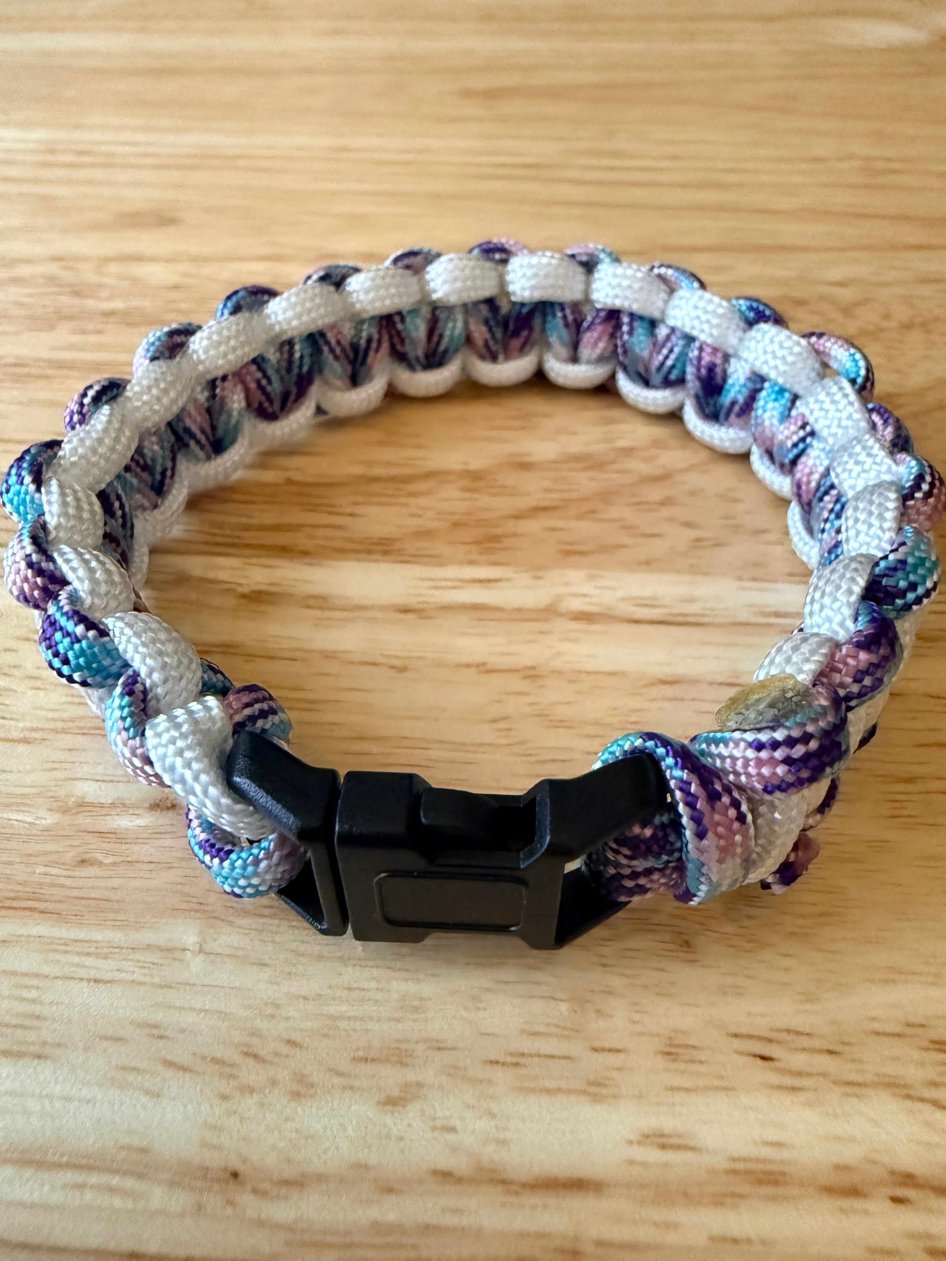 light blue, white, pink, purple & white paracord bracelet 8.5 inches
