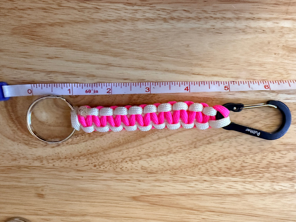 hot pink and white paracord key chain