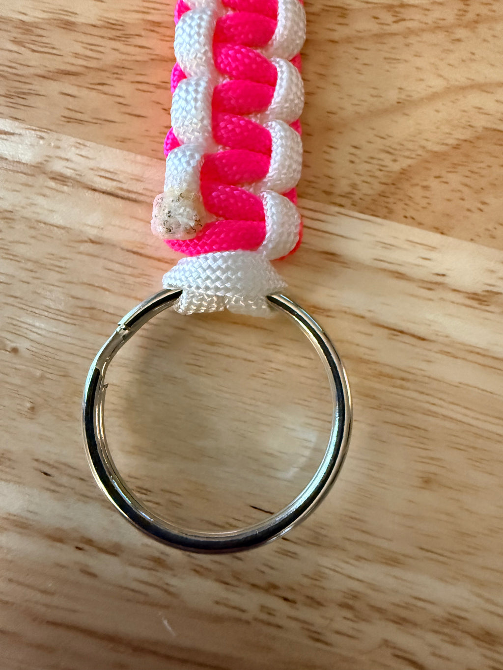 hot pink and white paracord key chain