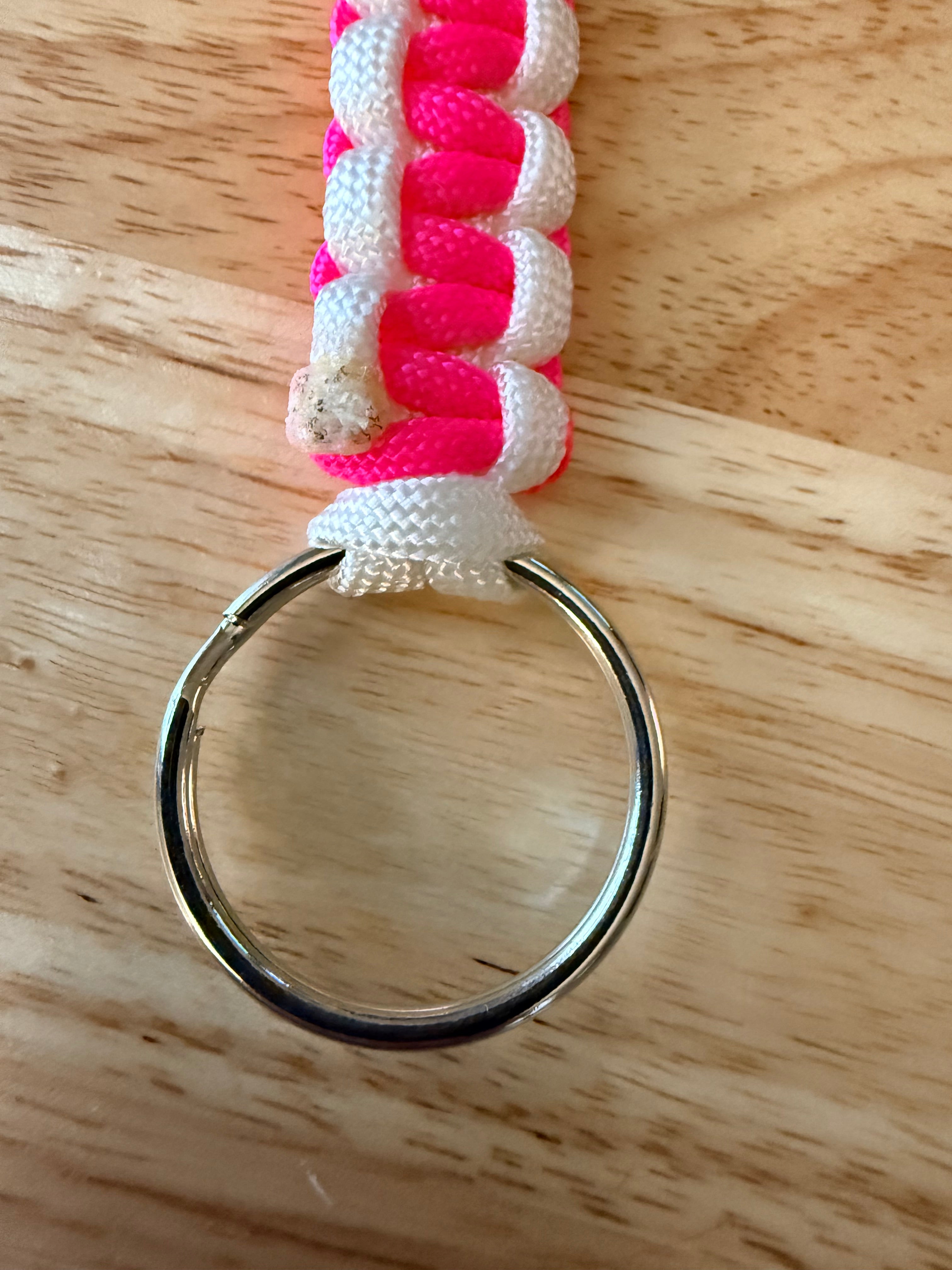 hot pink and white paracord key chain