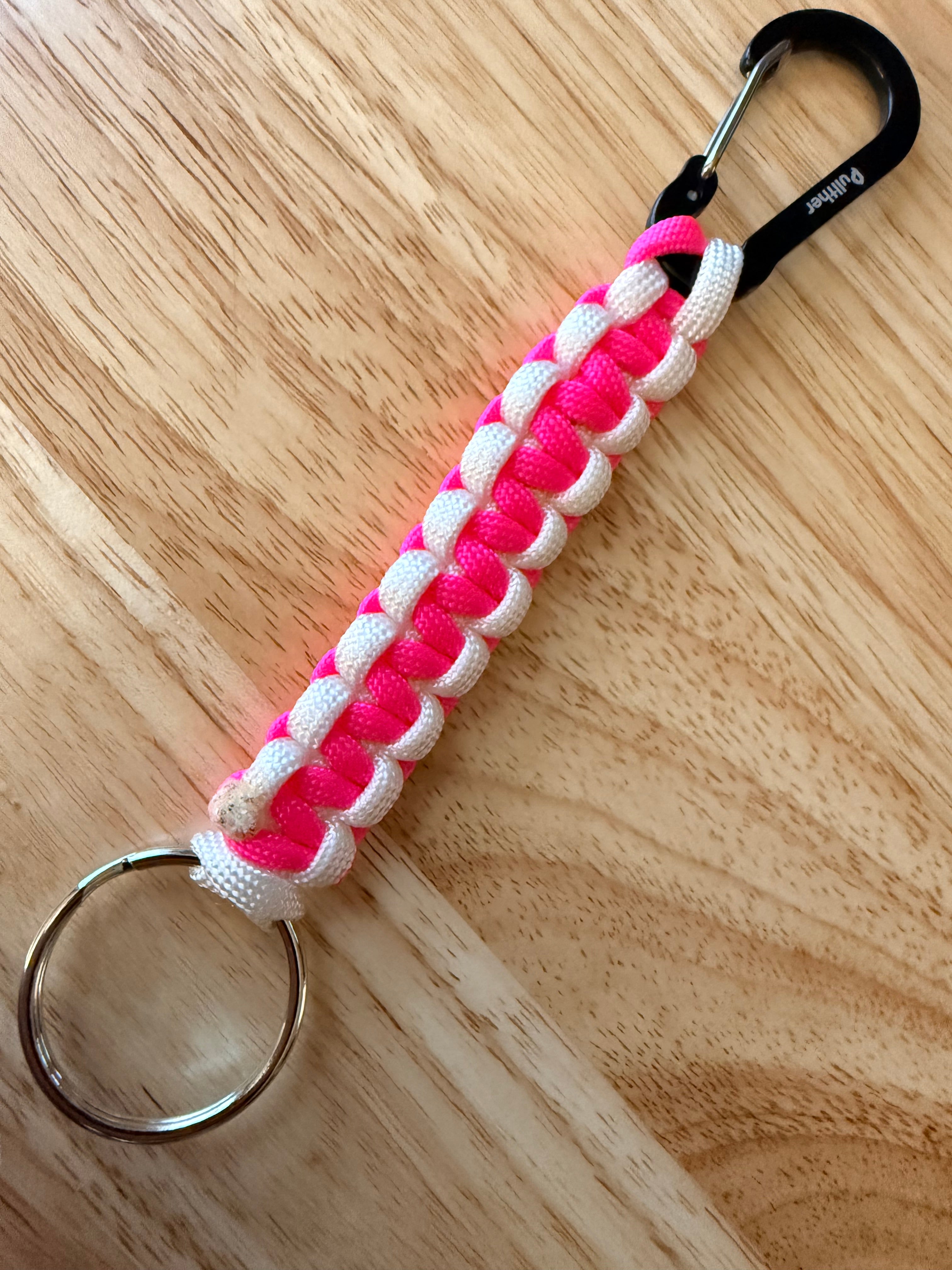 hot pink and white paracord key chain
