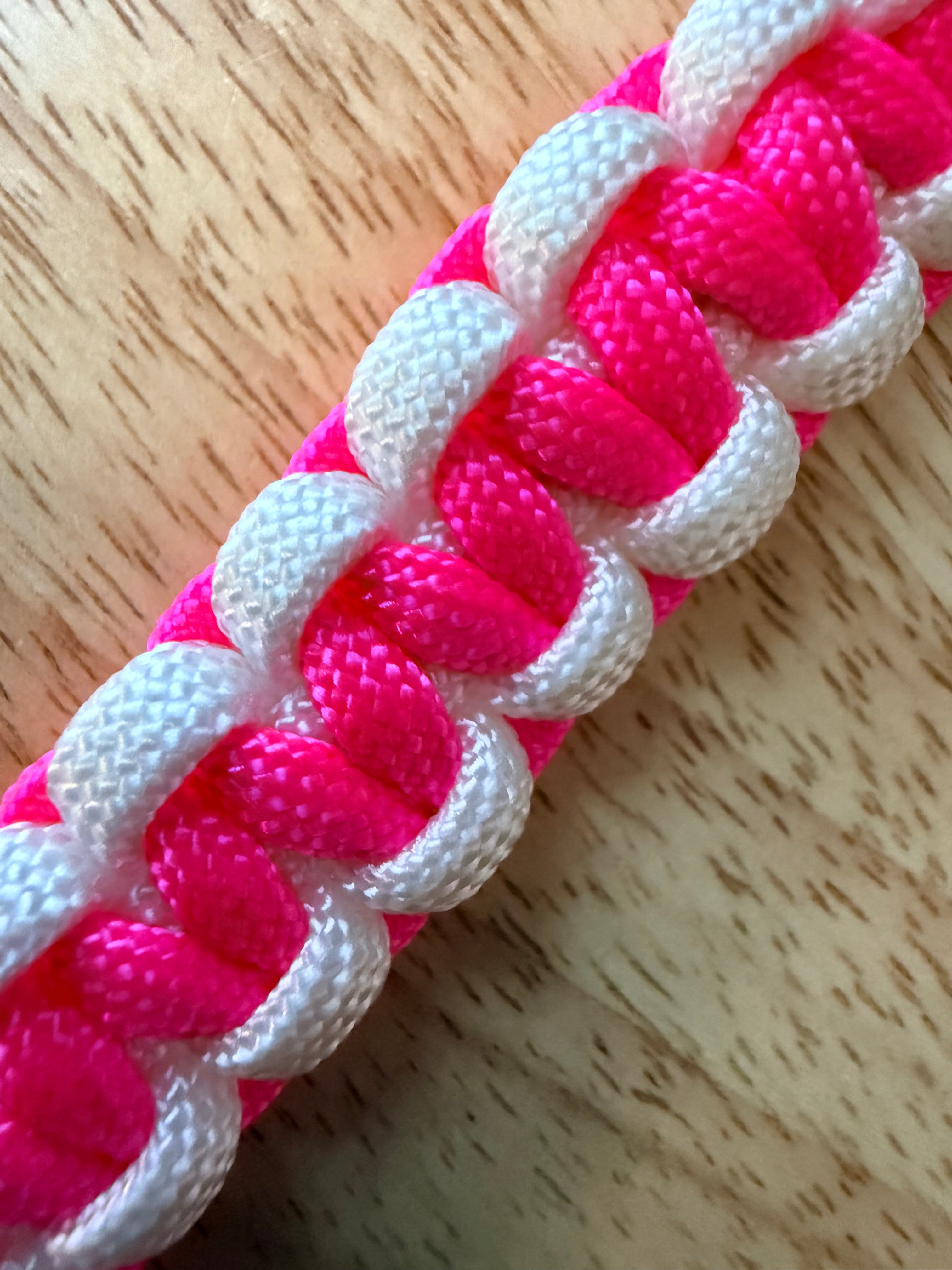 hot pink and white paracord key chain