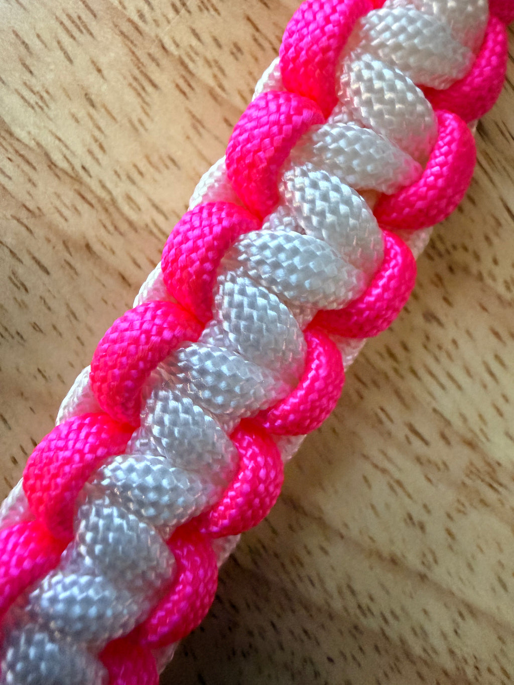 hot pink and white paracord key chain