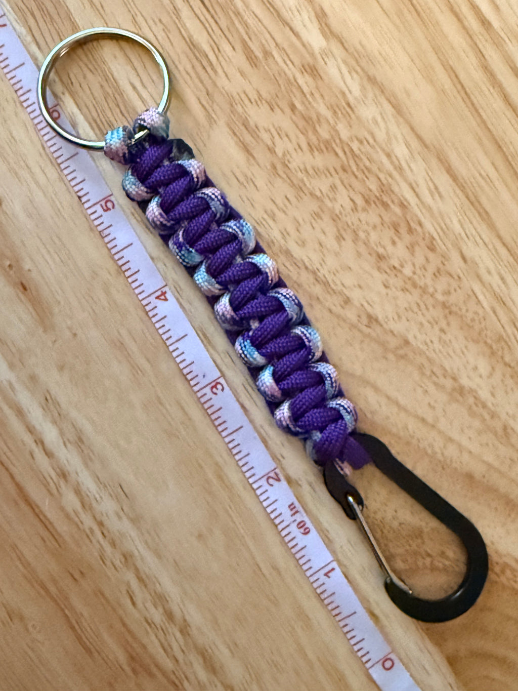 purple and purple, pink & light blue paracord key chain with black carabiner