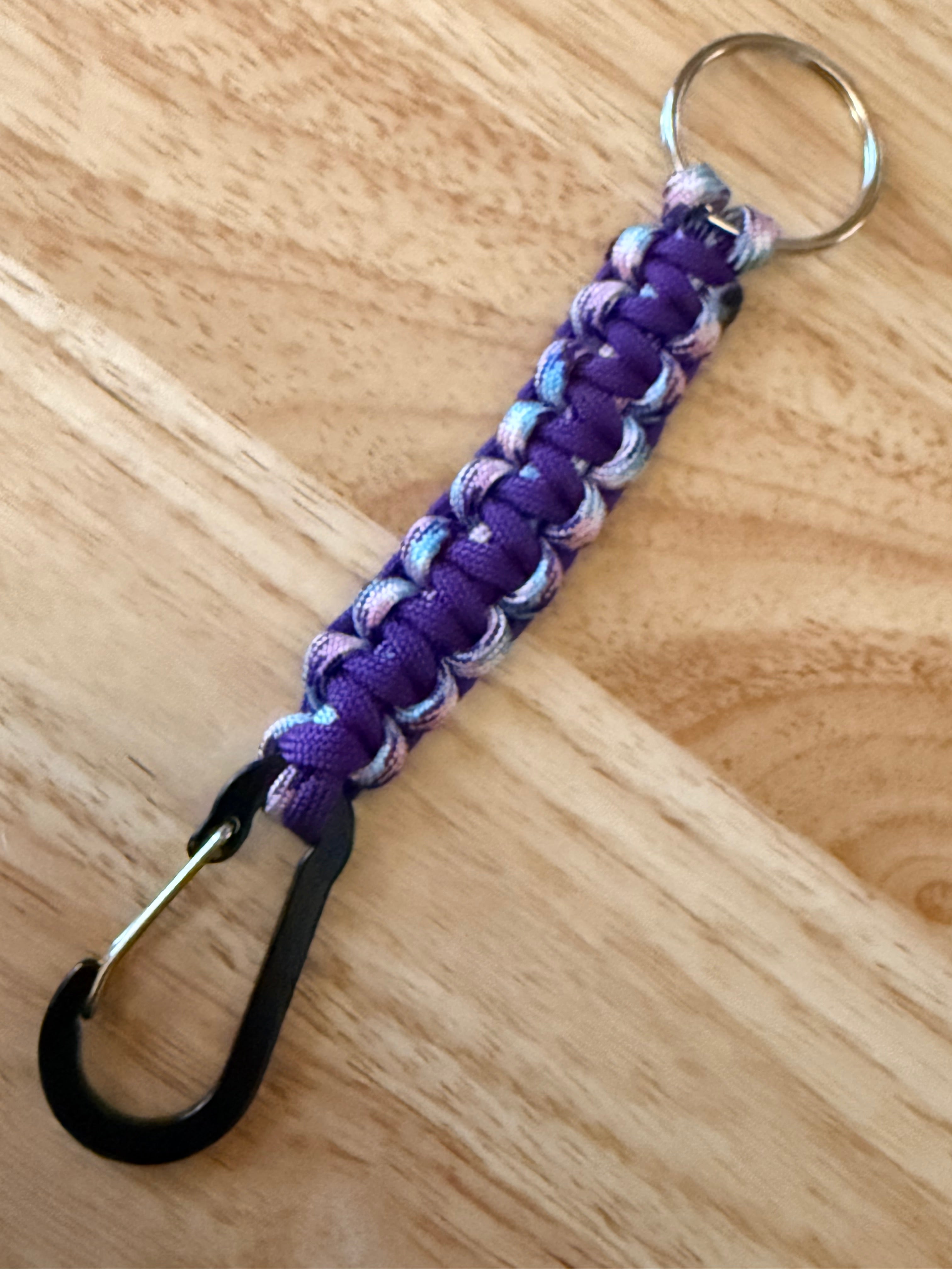 purple and purple, pink & light blue paracord key chain with black carabiner