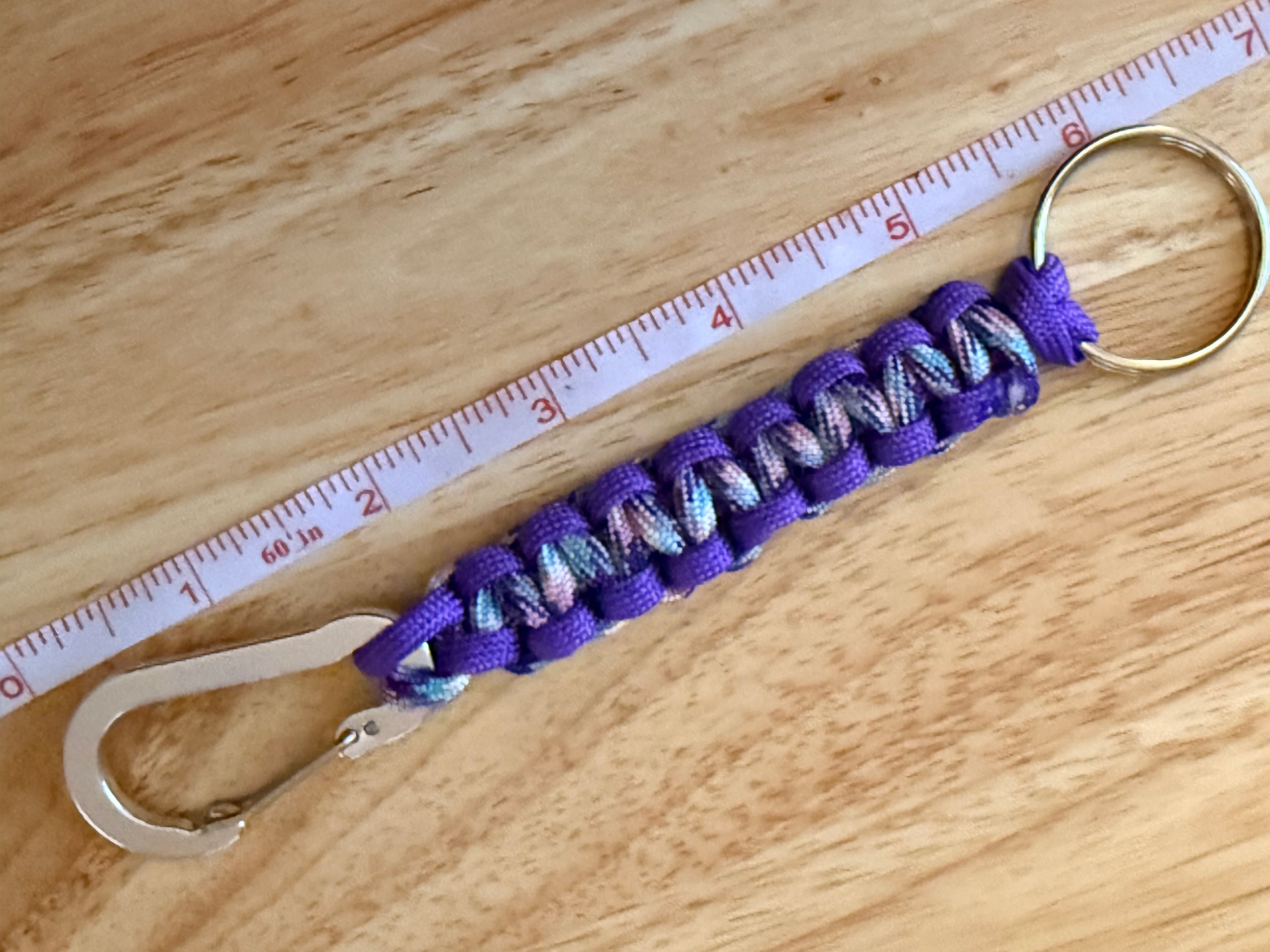6.5 inch purple & multi colored paracord key chain with silver carabiner