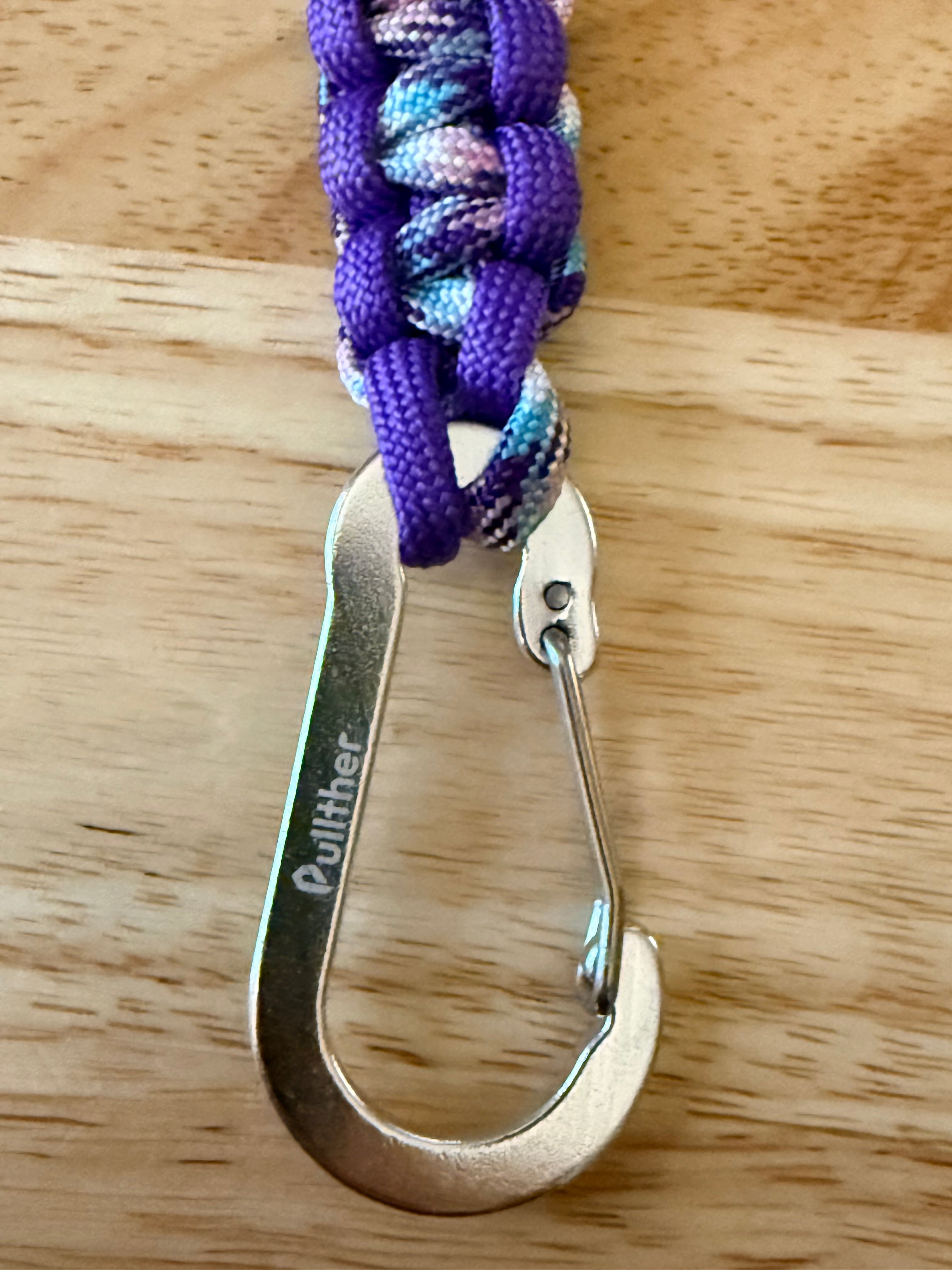 6.5 inch purple & multi colored paracord key chain with silver carabiner