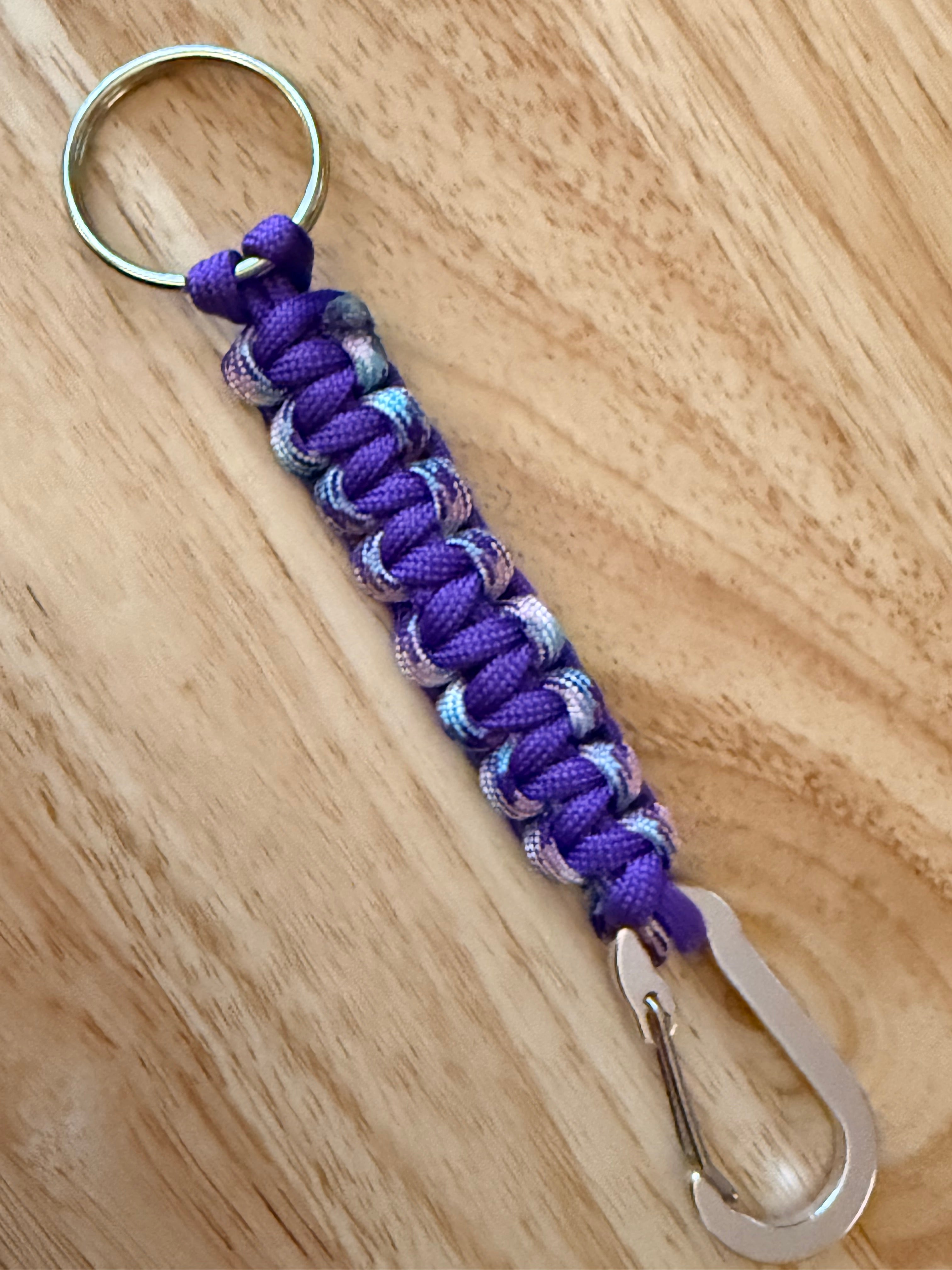 6.5 inch purple & multi colored paracord key chain with silver carabiner