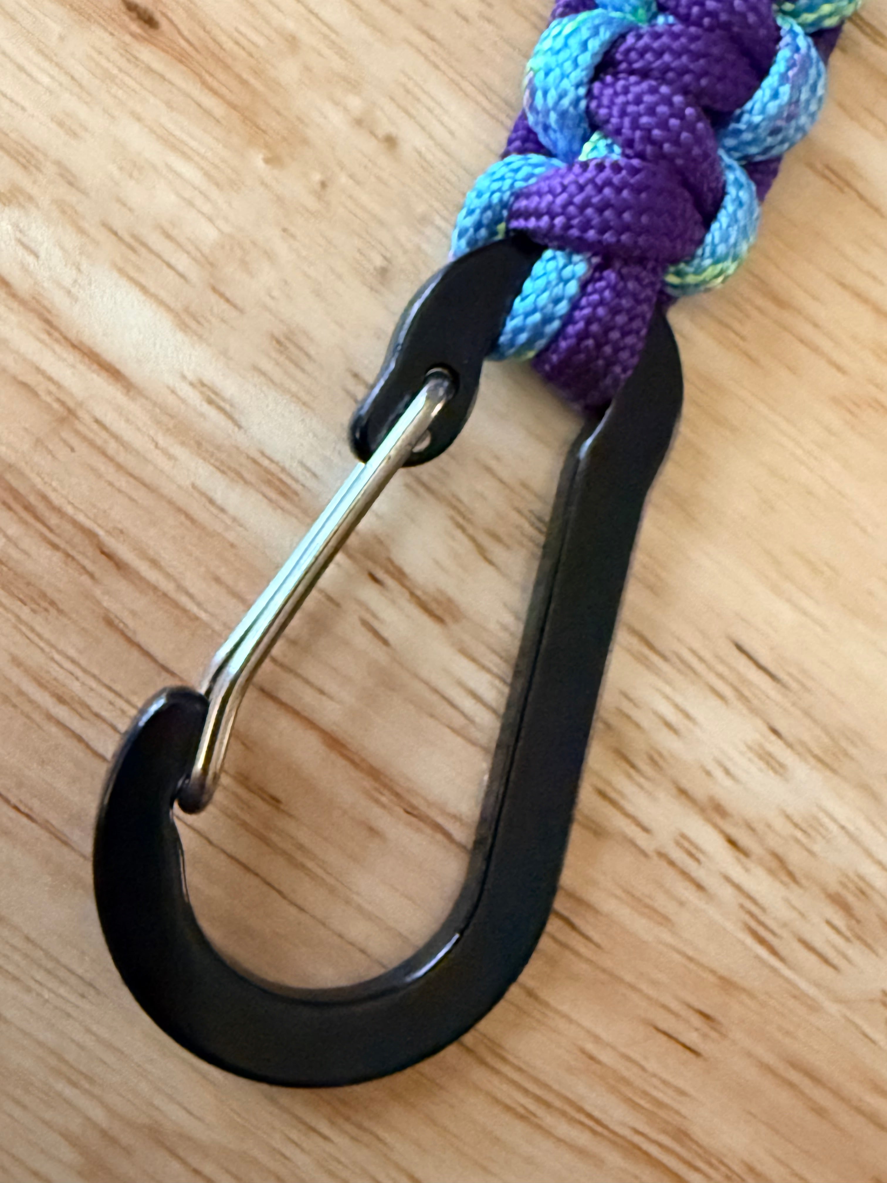 6 inch purple and light blue speckled with yellow and purple paracord key chain