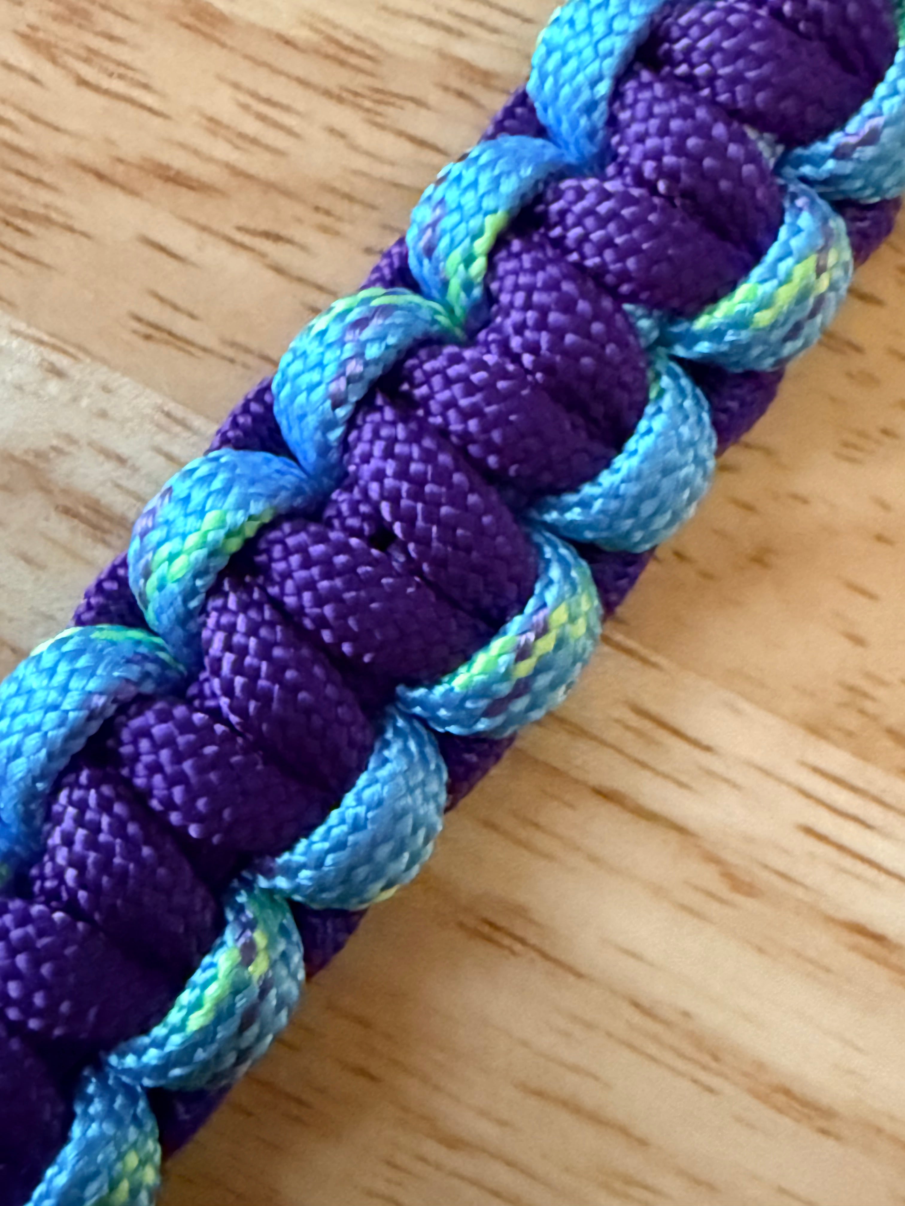 6 inch purple and light blue speckled with yellow and purple paracord key chain