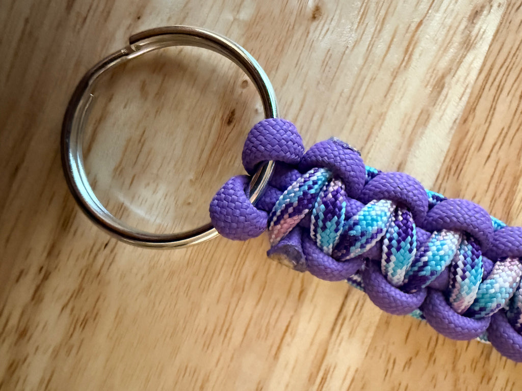 6 inch purple, pink, light blue & white paracord key chain
