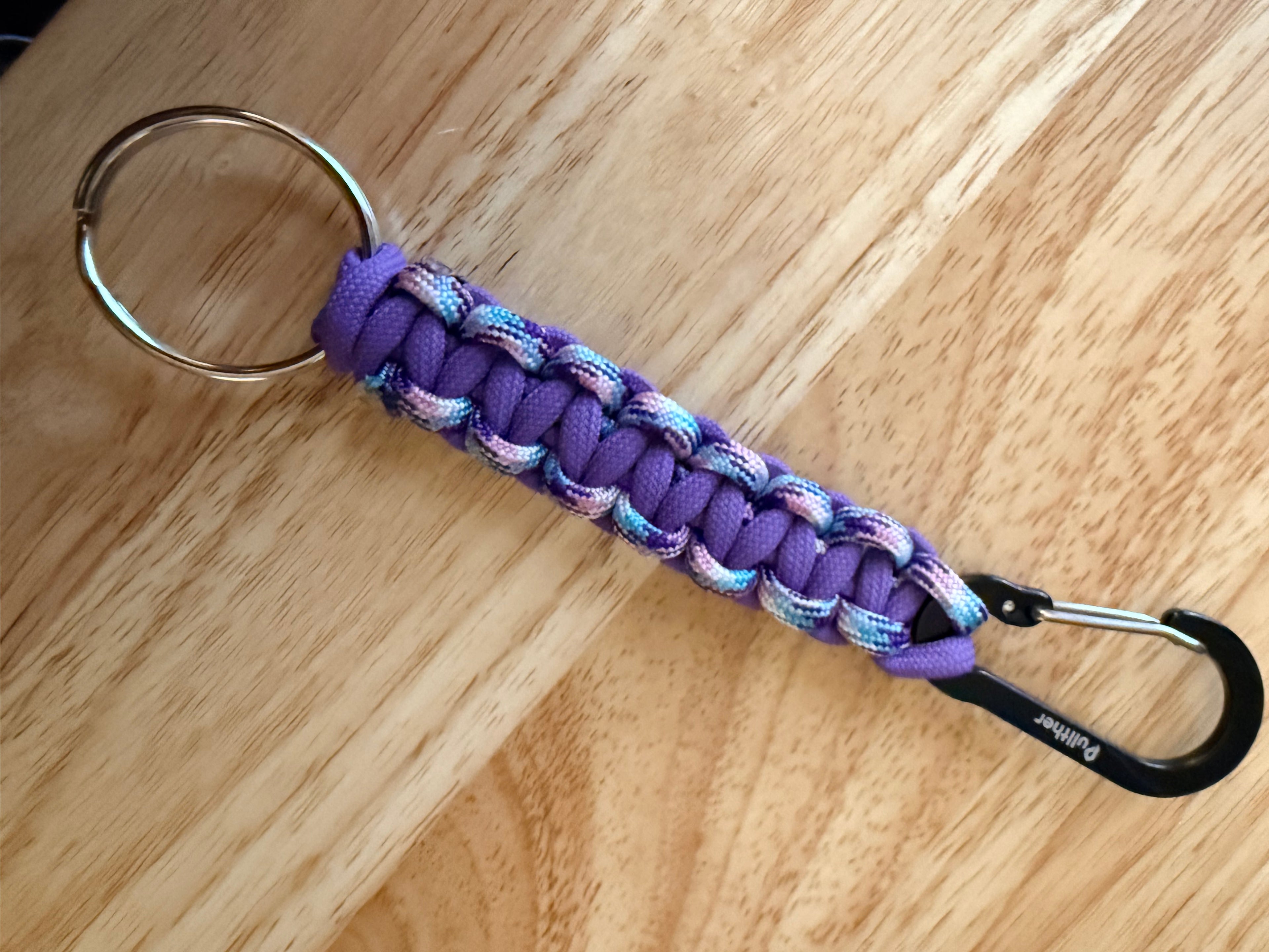 6 inch purple, pink, light blue & white paracord key chain