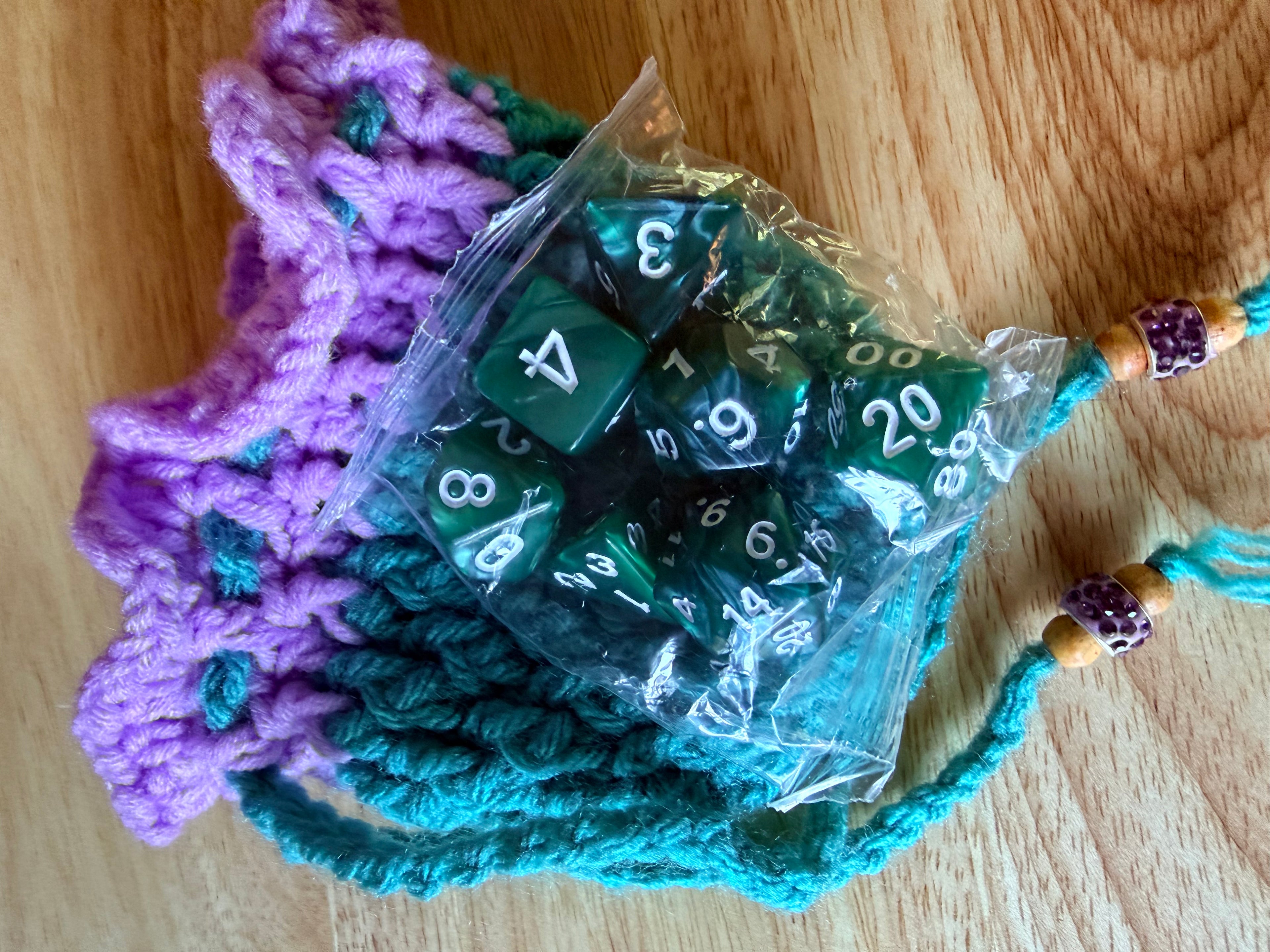 teal & lavender dice bag with dice