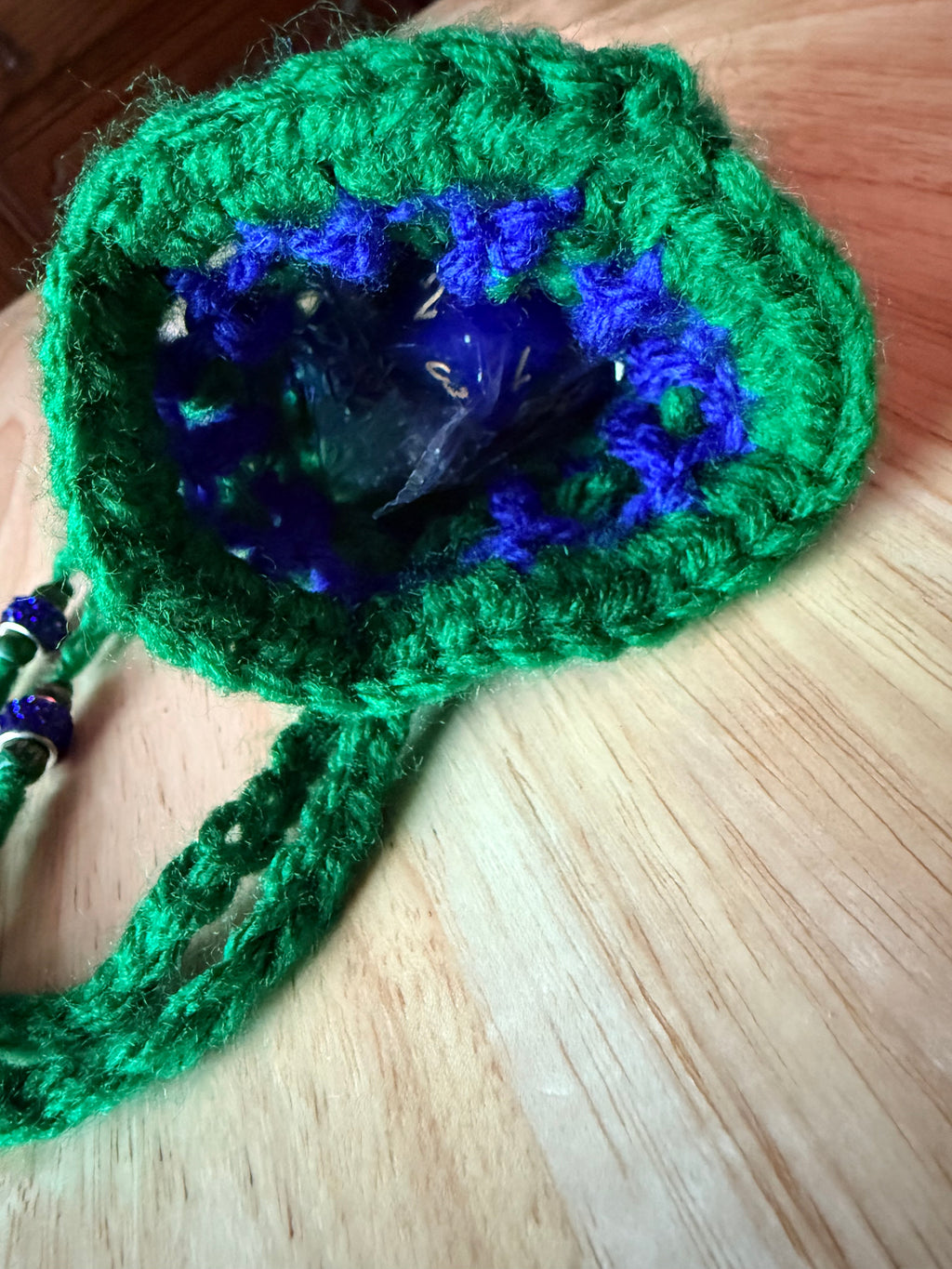 green and blue dice bag