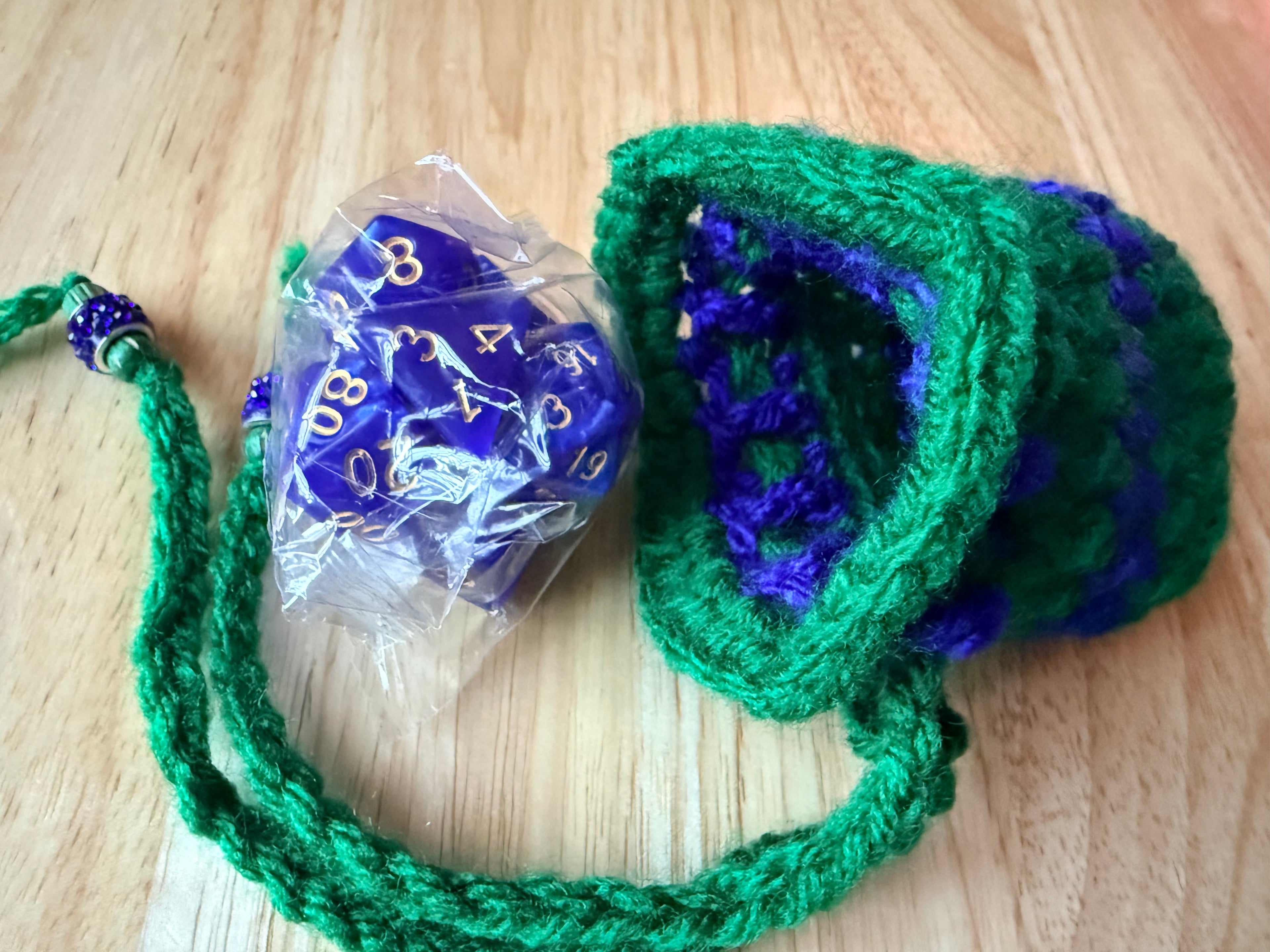 green and blue dice bag