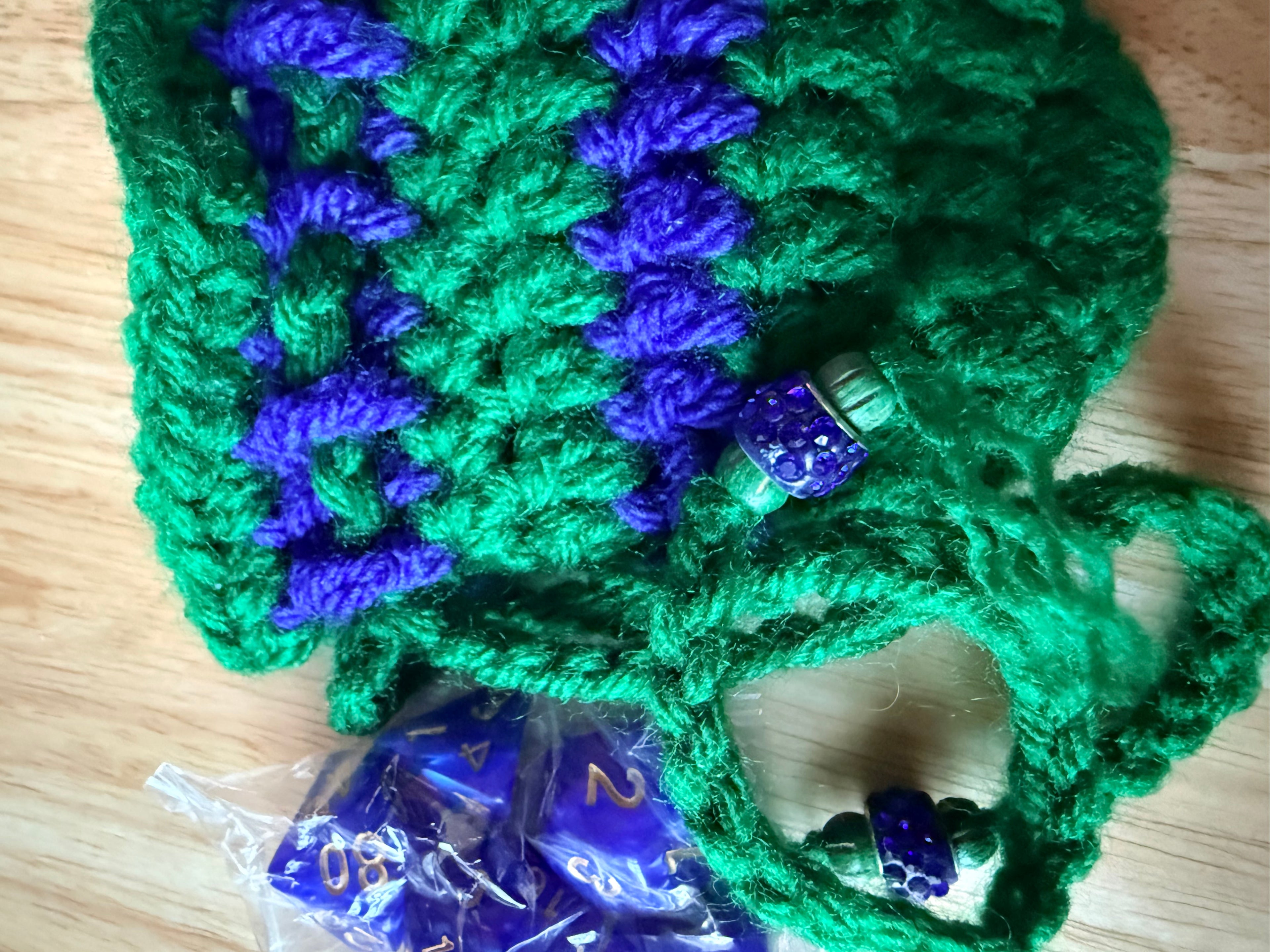 green and blue dice bag