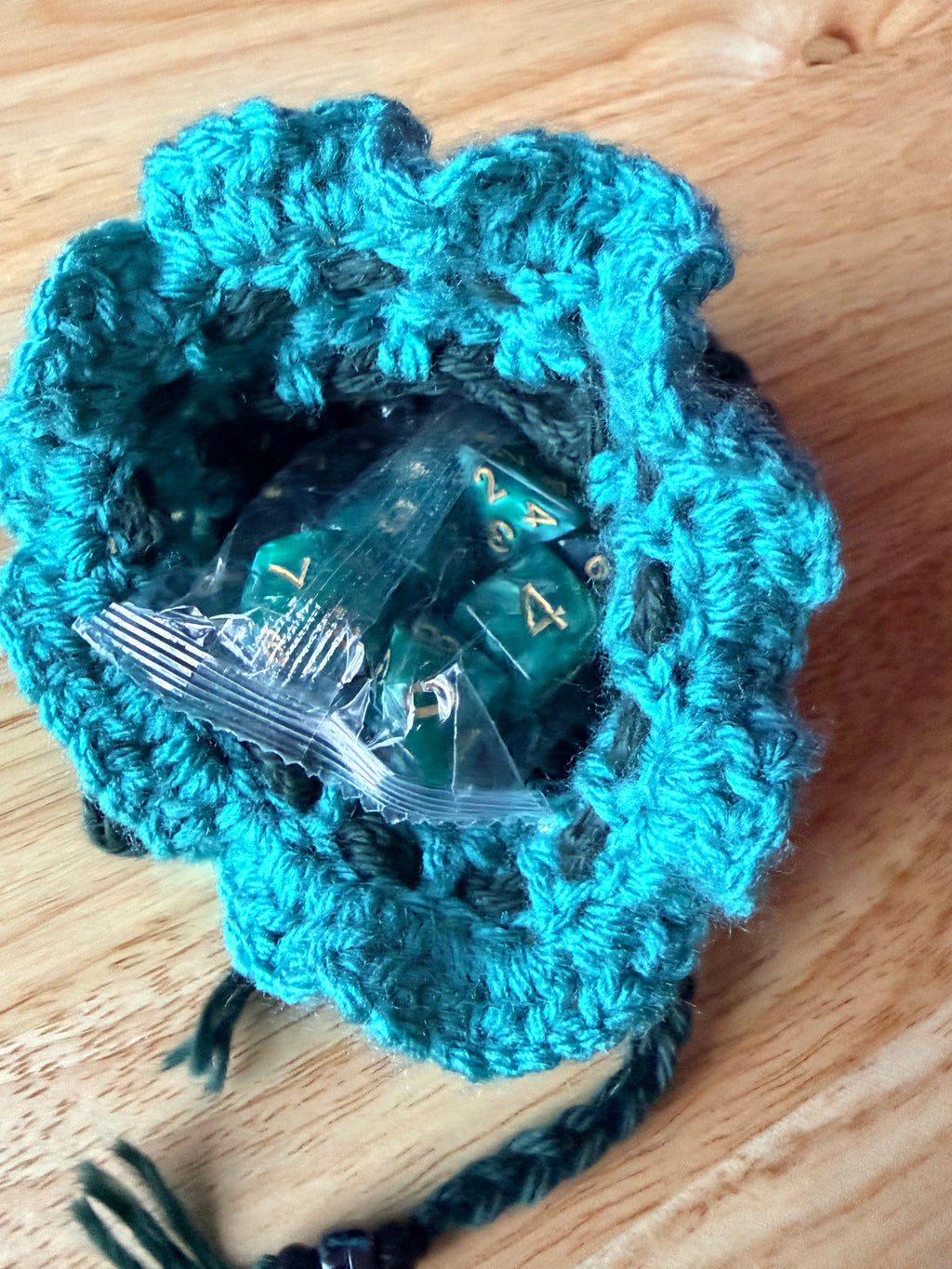 forest green and teal dice bag