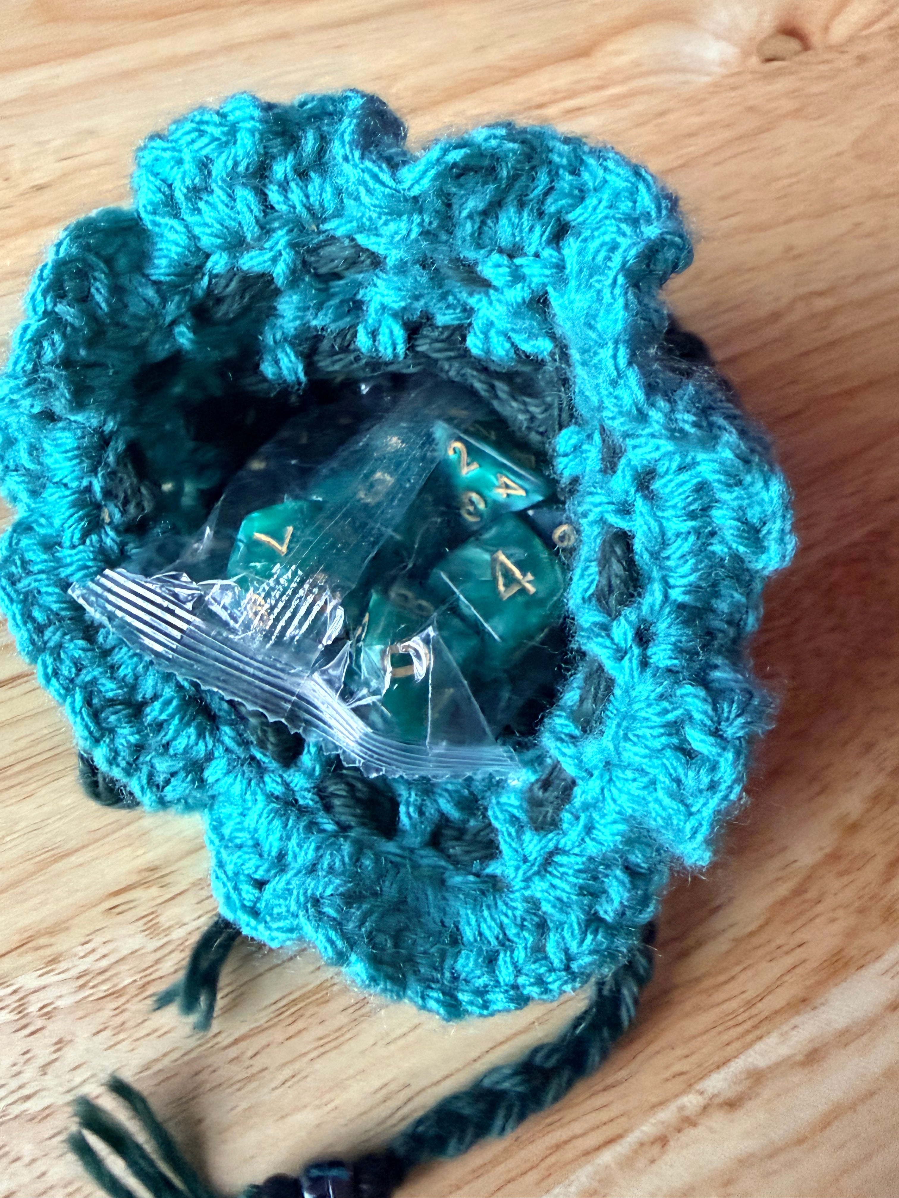 forest green and teal dice bag