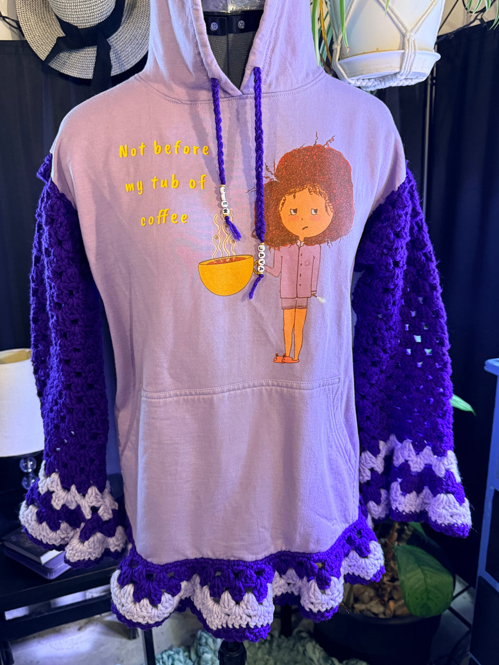 purple upcycled "coffee" hoodie