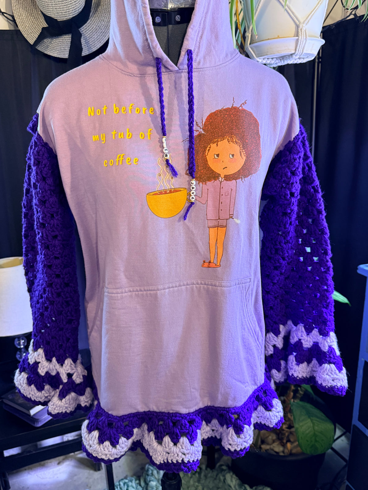 purple upcycled "coffee" hoodie