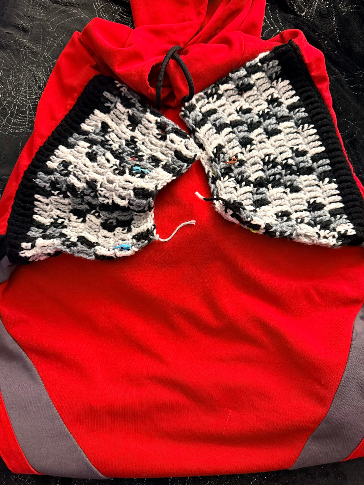 red, gray & black upcycled hoodie