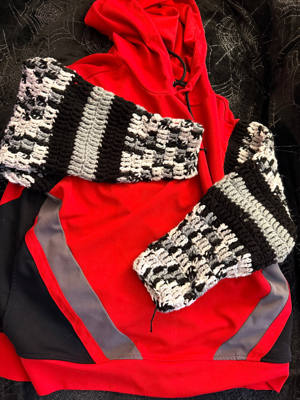 red, gray & black upcycled hoodie