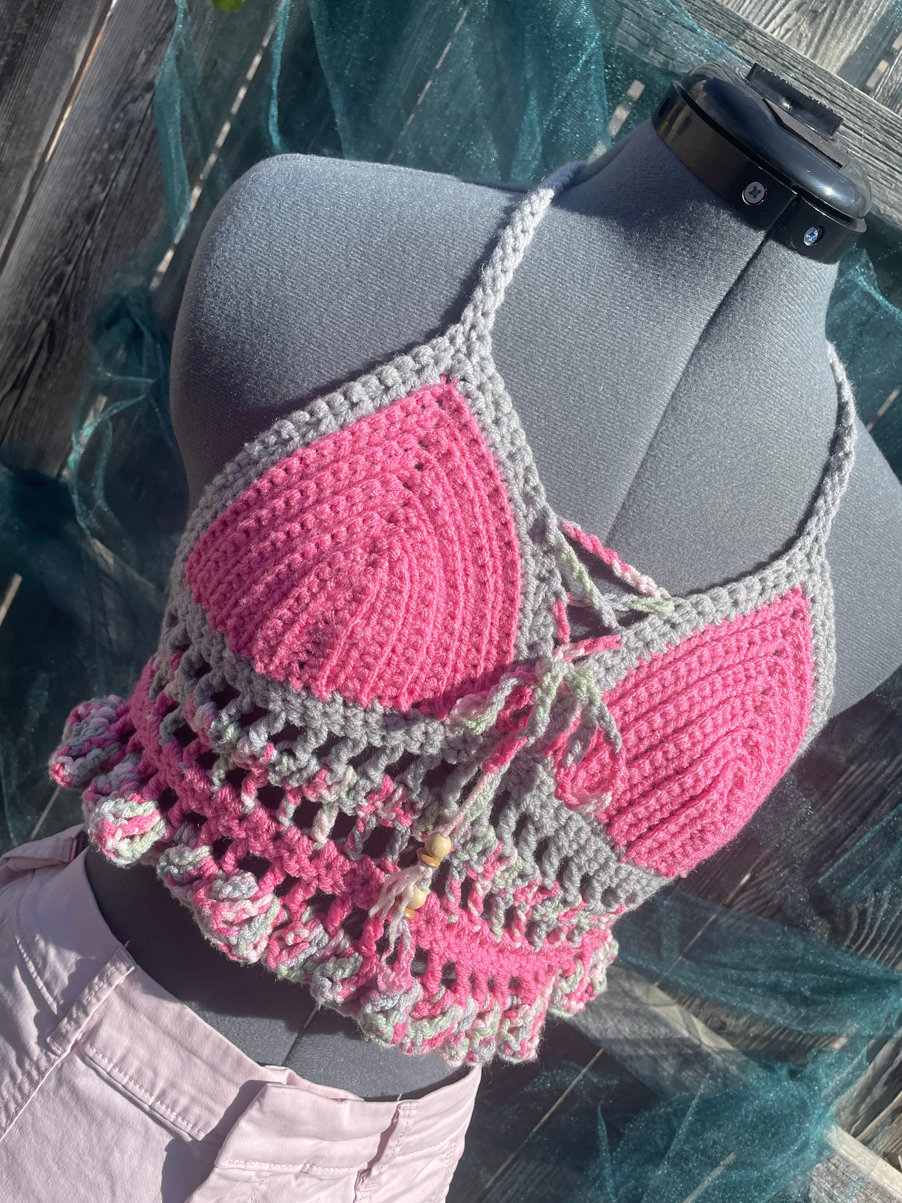 pink & gray halter top with beads
