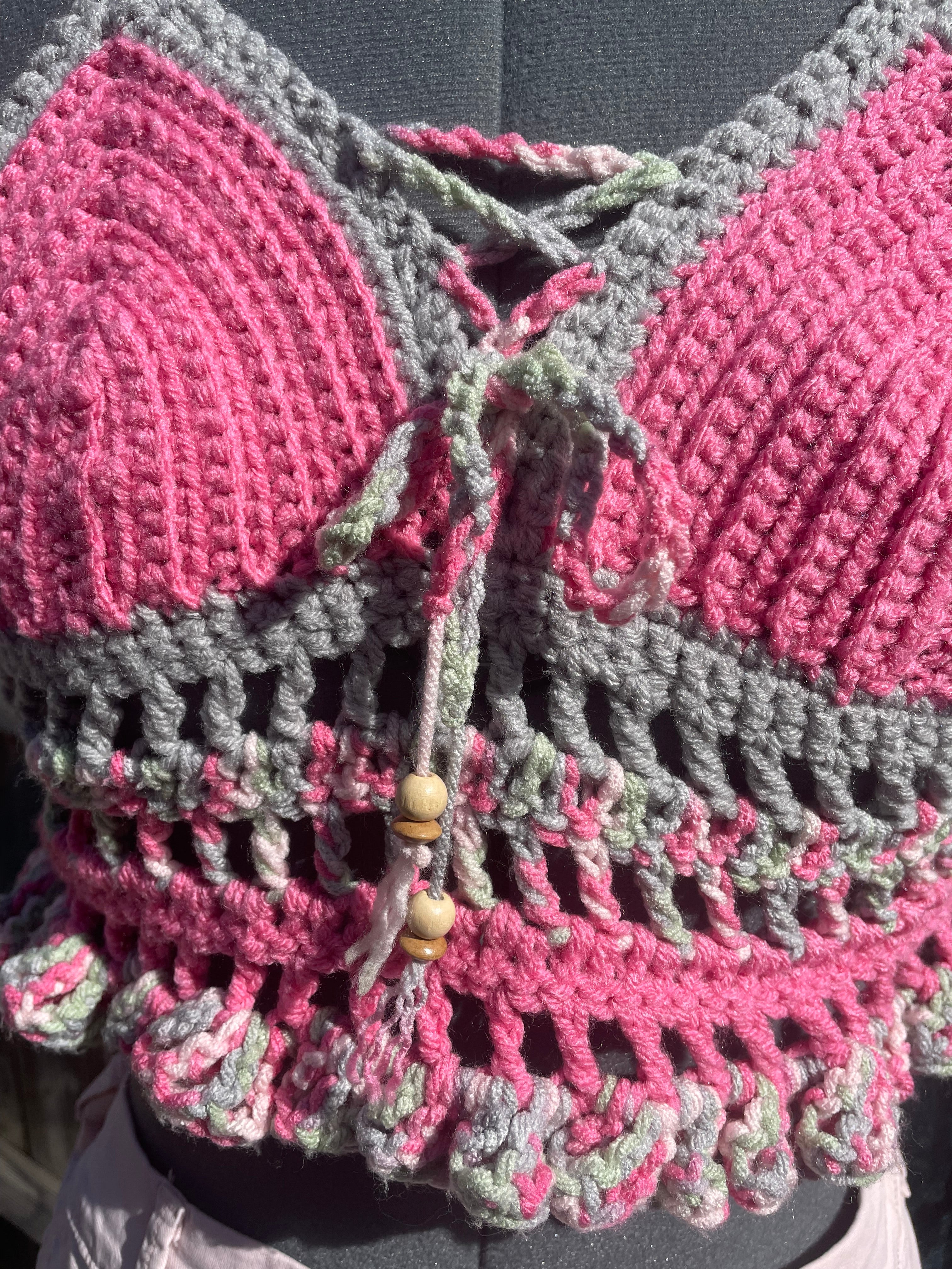 pink & gray halter top with beads