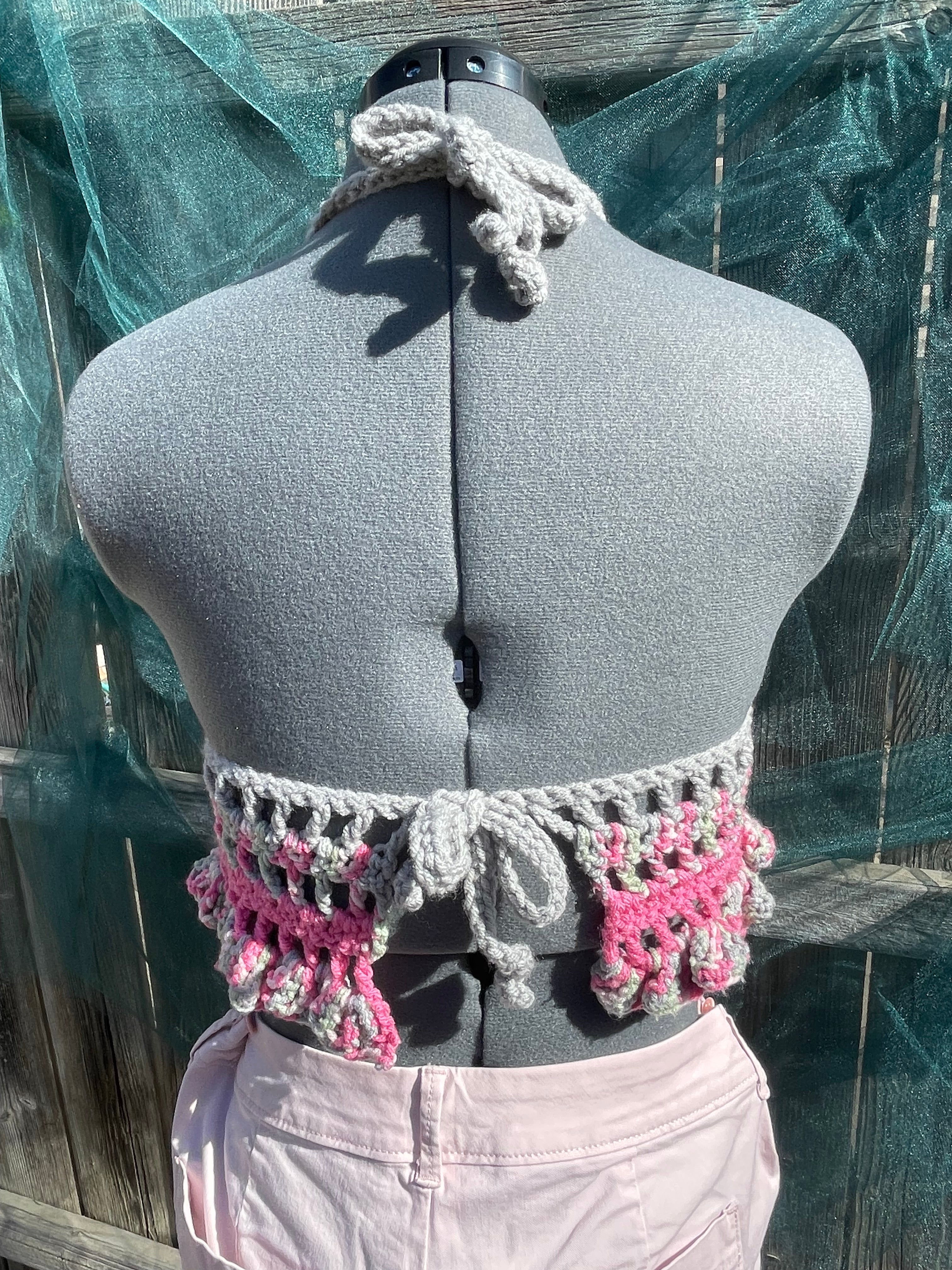 pink & gray halter top with beads